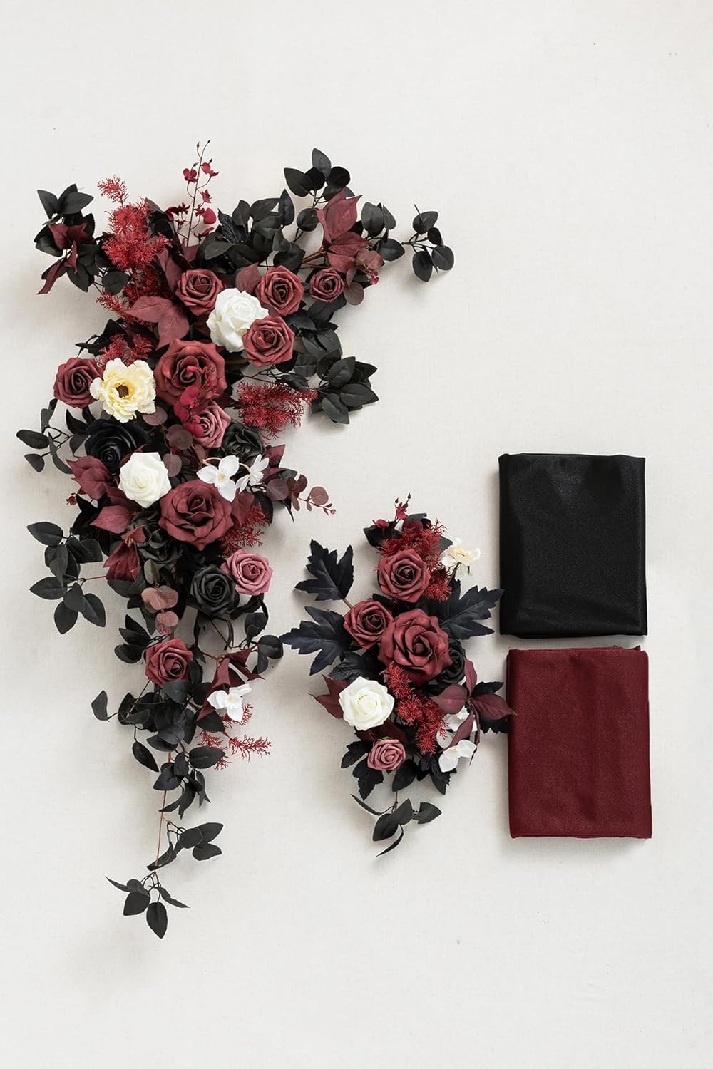 Ling's moment Black Red Artificial Wedding Arch Flowers Kit Pack of 4, 2pcs Hanging Flower Arrangement 2pcs Chiffon Drapes Ceremony Reception Fake Rose Arbor Backdrop Floral Party Outdoor Decorations