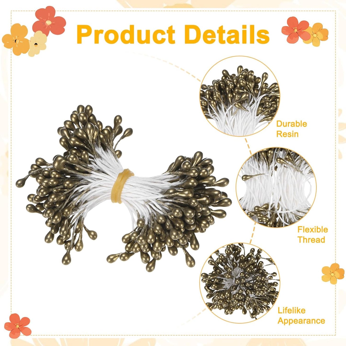 600-Pack Flower Stamens for Crafts, 5mm Double Heads Artificial Pearl Floral Pistil Mini Flower Pollens Stamens for DIY Making/Wedding/Scrapbook Decoration [Golden Coffee]