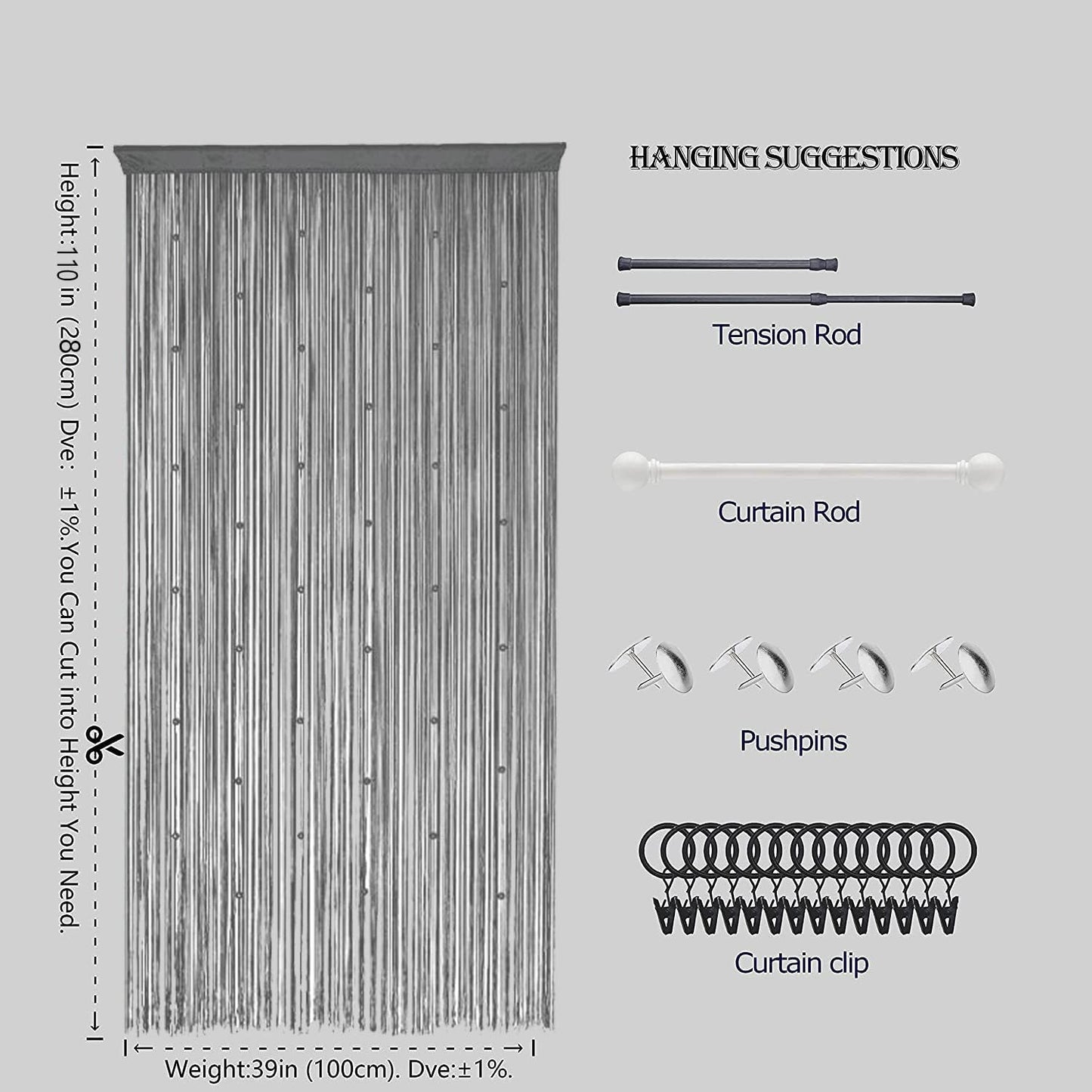 Beaded Doorway Curtain Door Beads Dense String Curtains Fringe Hippie Perfect for Wall Hanging Decor Room Divider Privacy Doors Window Closet Doorways Decorations (100x280cm,Grey)