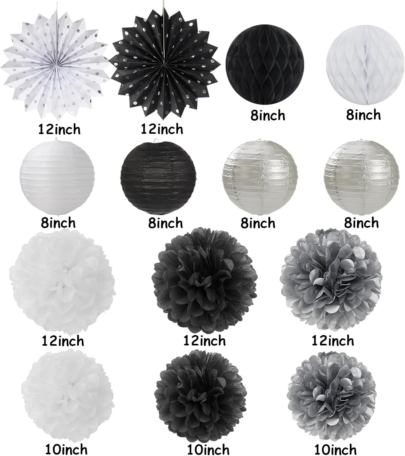 Black White Silver Party-Decorations Streamers-Lanterns - 14pc New Years Graduation 2025 Paper Fan, Bachelorette Birthday Wedding Baby Bridal Shower Tissue Pom Poms,Honeycomb Balls Decor Ouruola