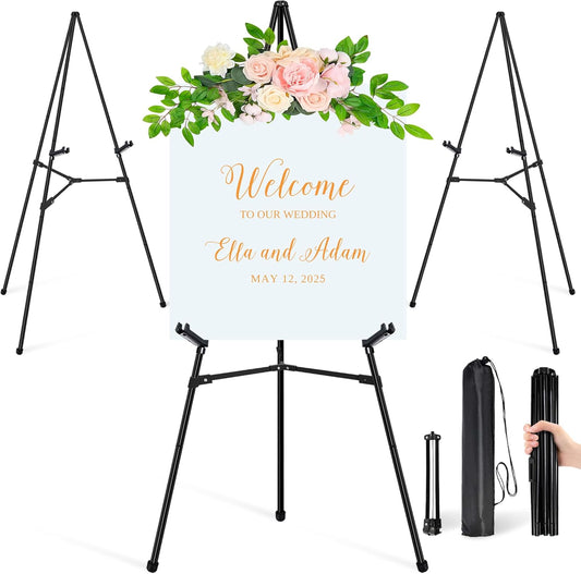 3Pcs Easel Stand for Sign - 63" Display Easel for Wedding Sign Stand Poster Stand, Lightweight Poster Easel for Painting, Folding Portable Easel Stand with Carrying Bag, Black
