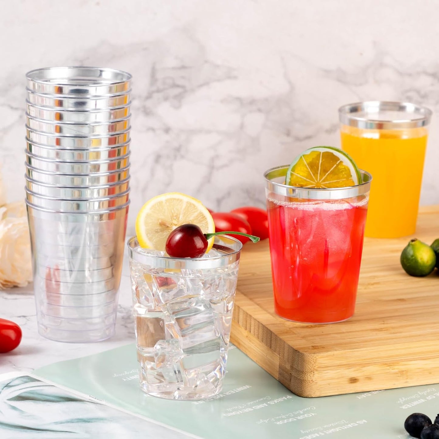 Goodluck 50PCS 10oz Plastic Cups for Party, Disposable Silver Cups, Plastic Cocktail Glasses for Wedding Thanksgiving, Christmas, and
