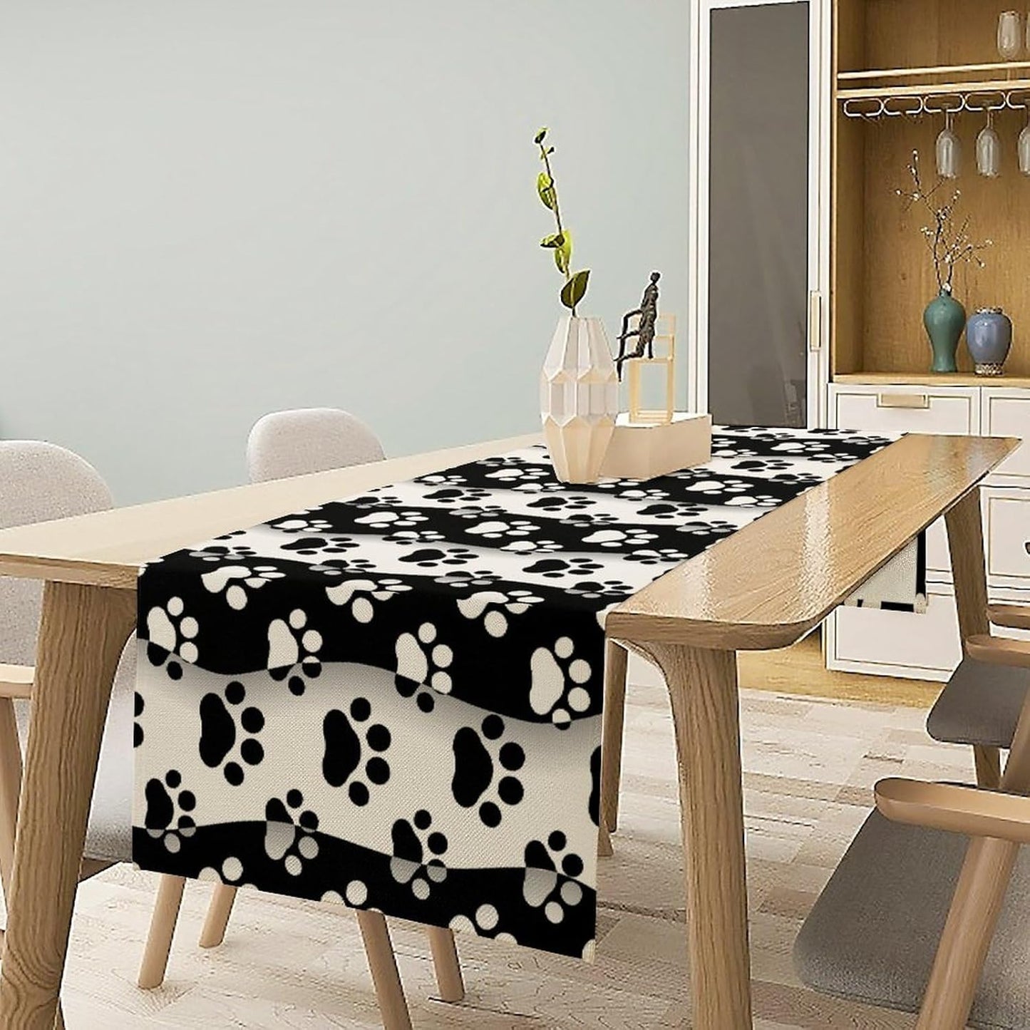 Dog Paw Table Runner,Kid Cute Animal Footprint Black White Theme Design Print Tablecloth Burlap for Hotel Indoors Outdoor Dining Room Kitchen Home Decor,W13X L70 in
