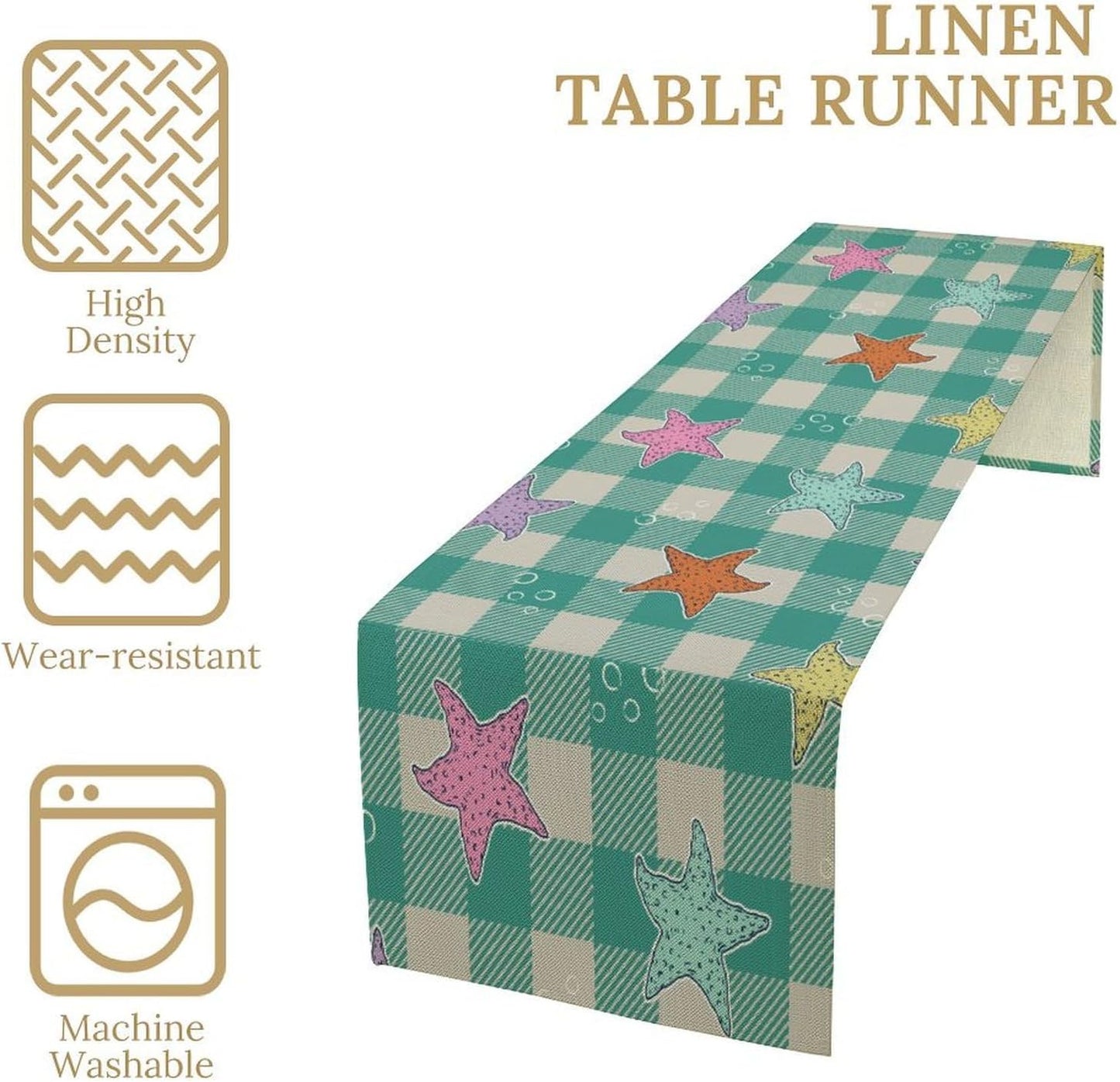 Starfish Plaid Table Flag Green Plaid and Marine Life Starfish Kitchen Table Flag Suitable for Birthday Party Restaurant Decoration Outdoor Picnic 13 * 108 Inch