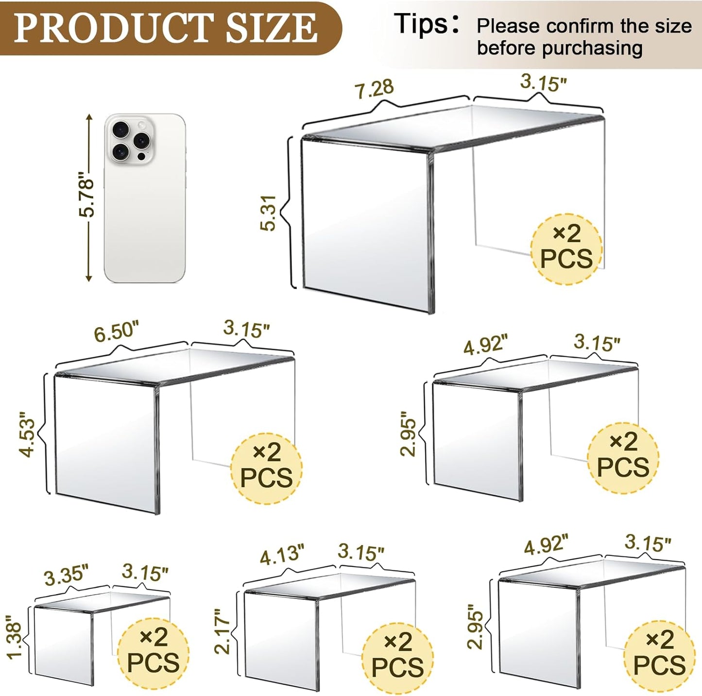 12 Pcs Acrylic Display Risers, 2 Sets Small Size Clear Acrylic Risers, 0.15" Thick Display Stands for Dessert, Cupcake, Candy, Figure & Jewelry Showcase