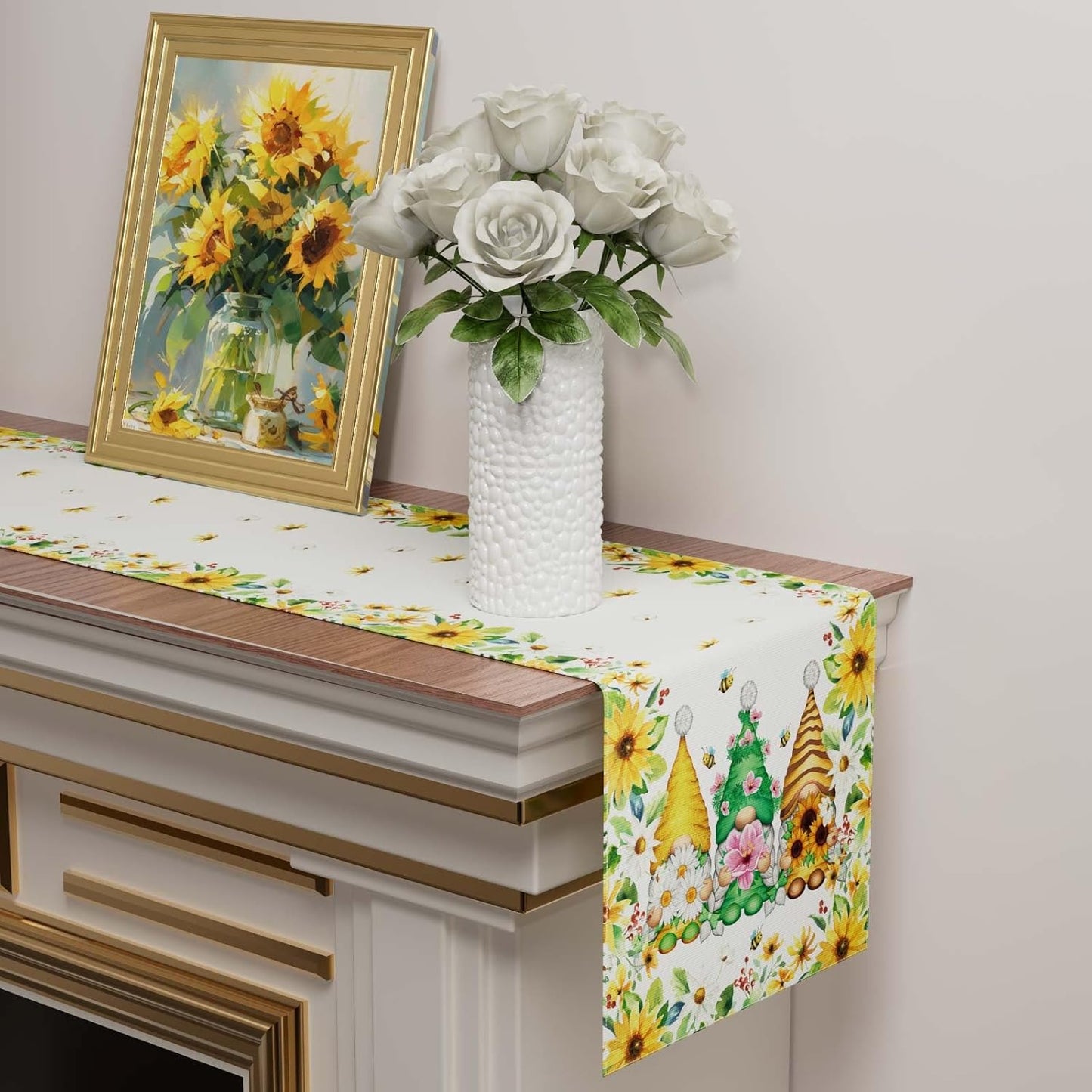 XCHI Yellow White Daisies Flowers Gnomes Spring Table Runner Burlap Table Decoration for Summer Seasonal Home Kitchen Dining Dinner Indoor Holiday Farmhouse Decor 13x90 Inch