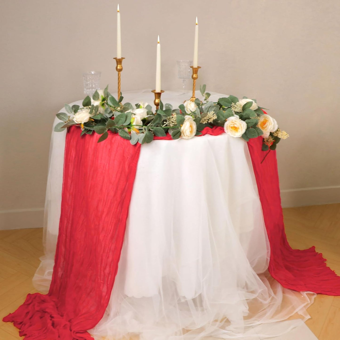 Snowkingdom 10 Ft Red Cheesecloth Table Runner, 120 inch Long Cheese Cloth Boho Gauze Runner for Wedding Bridal Baby Shower Birthday Sheer Table Decorations