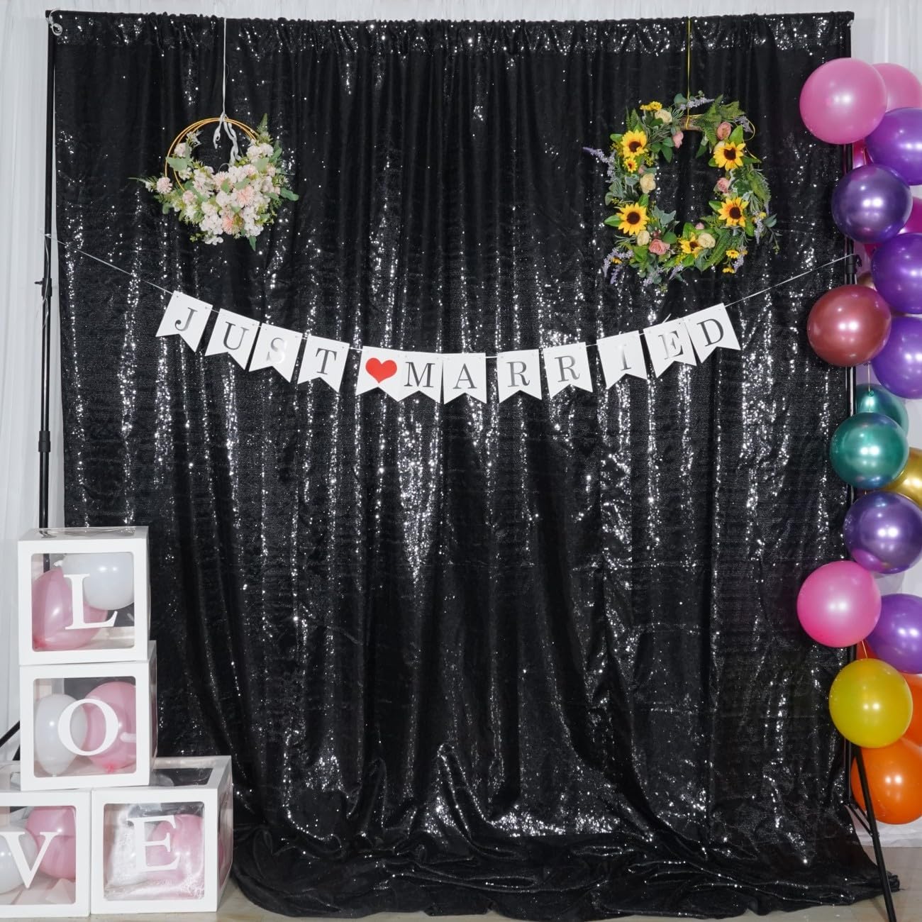 Poise3EHome 8Ft x 10Ft Black Sequin Backdrop, Glitter Thick Sequin Background Drapes, Sequence Xmas Thanksgiving Backdrop for Wedding Party Holiday Festival Decor