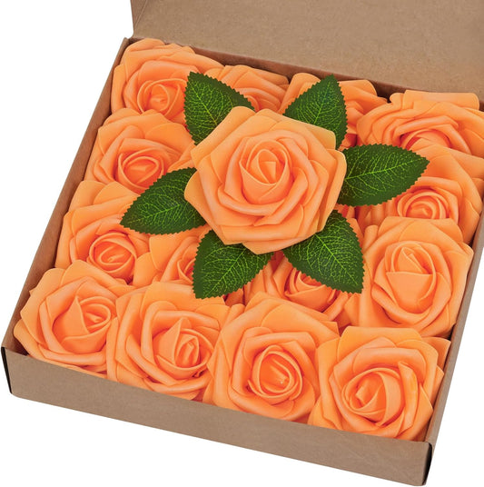 BLEUM CADE 16Pcs Artificial Flowers Fake Roses with Stems, Orange Boxed Foam Roses for DIY Bouquets Centerpieces Wedding Party Arrangement Bridal Shower Decor