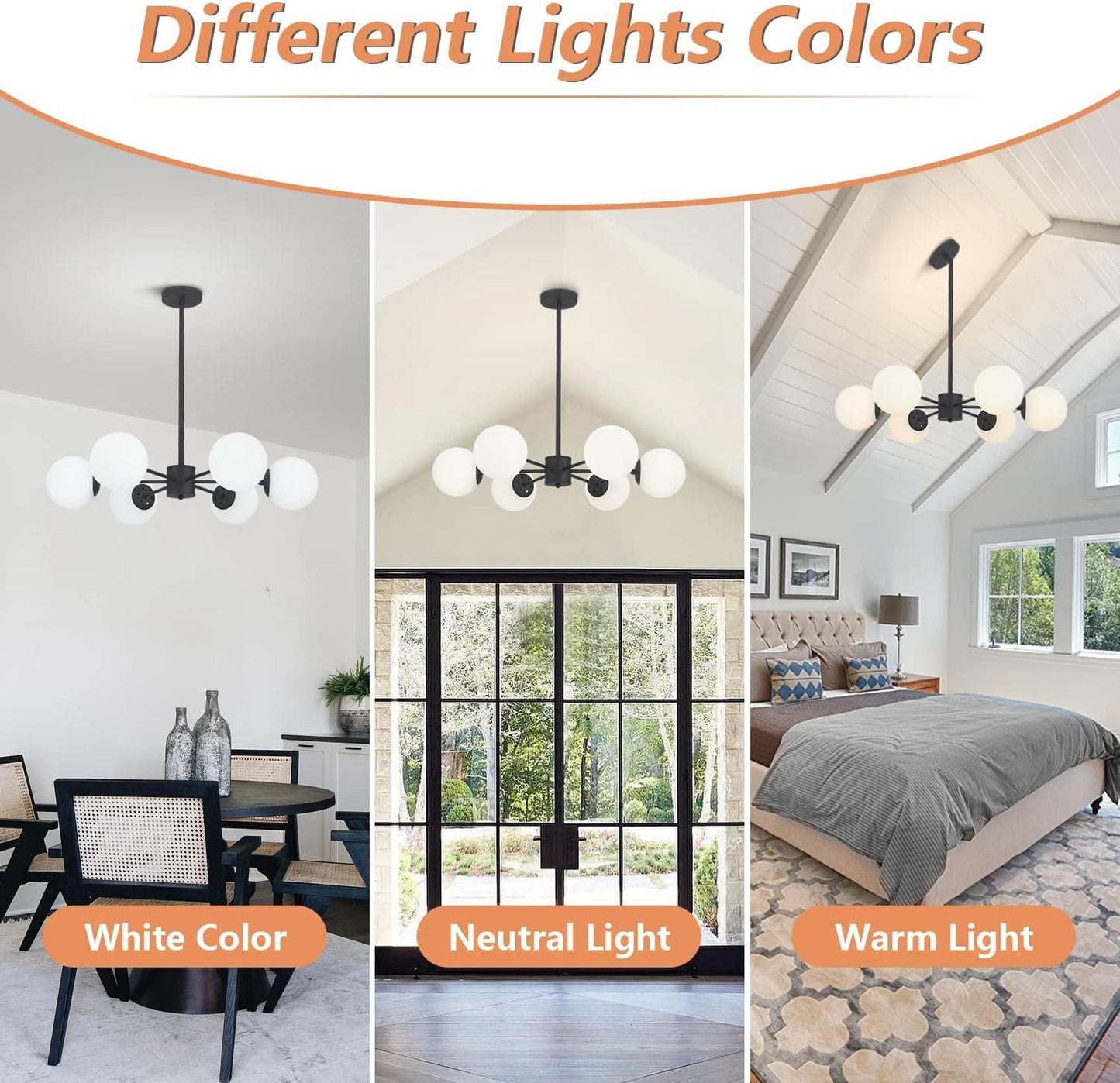 KCO Lighting Matte Black Sputnik Chandelier Light Fixture Mid Century 6-Light Milk Glass Ball Chandelier Modern Globe Flush Mount Ceiling Light Kitchen Island Dining Lighting Fixture (Black+White)