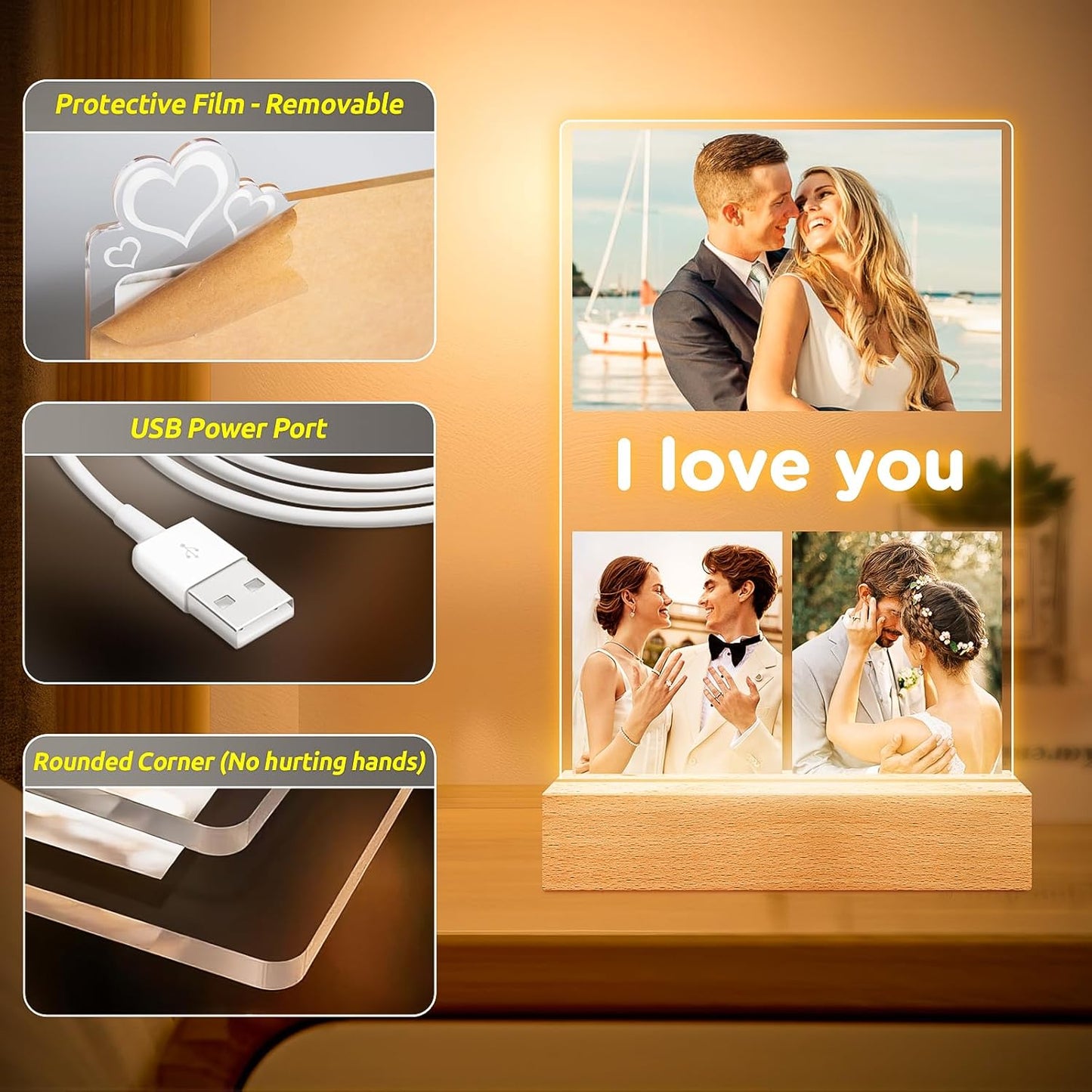 Personalized Anniversary Birthday Gifts for Women Men Her Him, Custom Picture Frames with Photo, Personalized Photo Frame with Night Light, Customized Gifts for Girlfriend Boyfriend Couples