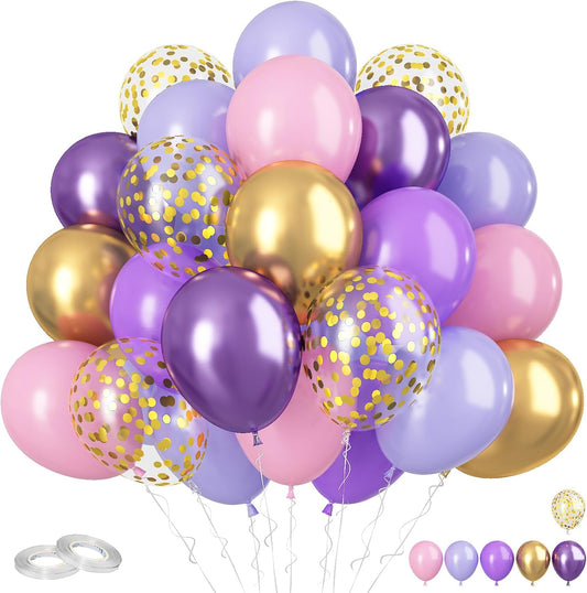 Pink and Purple Balloons, 60Pcs Pastel 12 Inch Metallic Gold Confetti Latex Balloons for Girls Birthday Baby Shower Bridal Butterfly Party Decorations