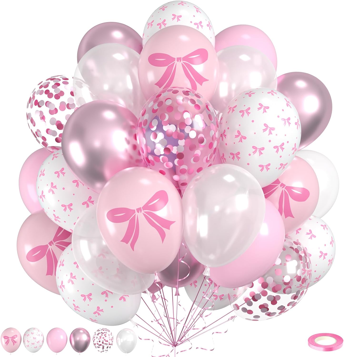 Pink Bow Latex Balloons, 60pcs Pink and White Balloons, Bow Printed Balloon Metallic Confetti Balloon For Girls Women Princess Birthday Baby Shower Bachelorette Party Engagement Wedding Anniversary