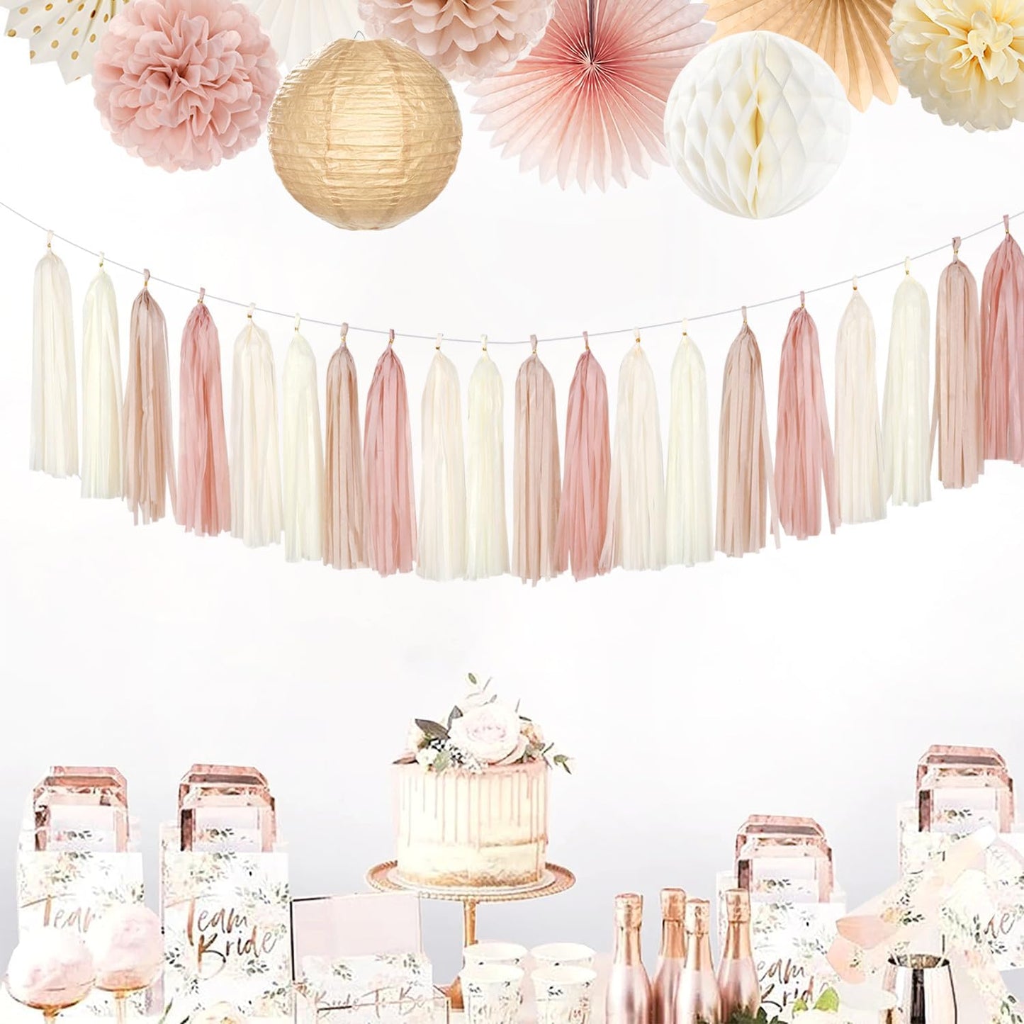 Champagne-Gold Beige Boho Party-Decorations Tassel-Garland - 20pc Fall Baby Shower Birthday Wedding Bridal Tassel,Autumn Engagement Bachelorette Banner Streamers,Neutral Rustic Backdrop Decor Panduola