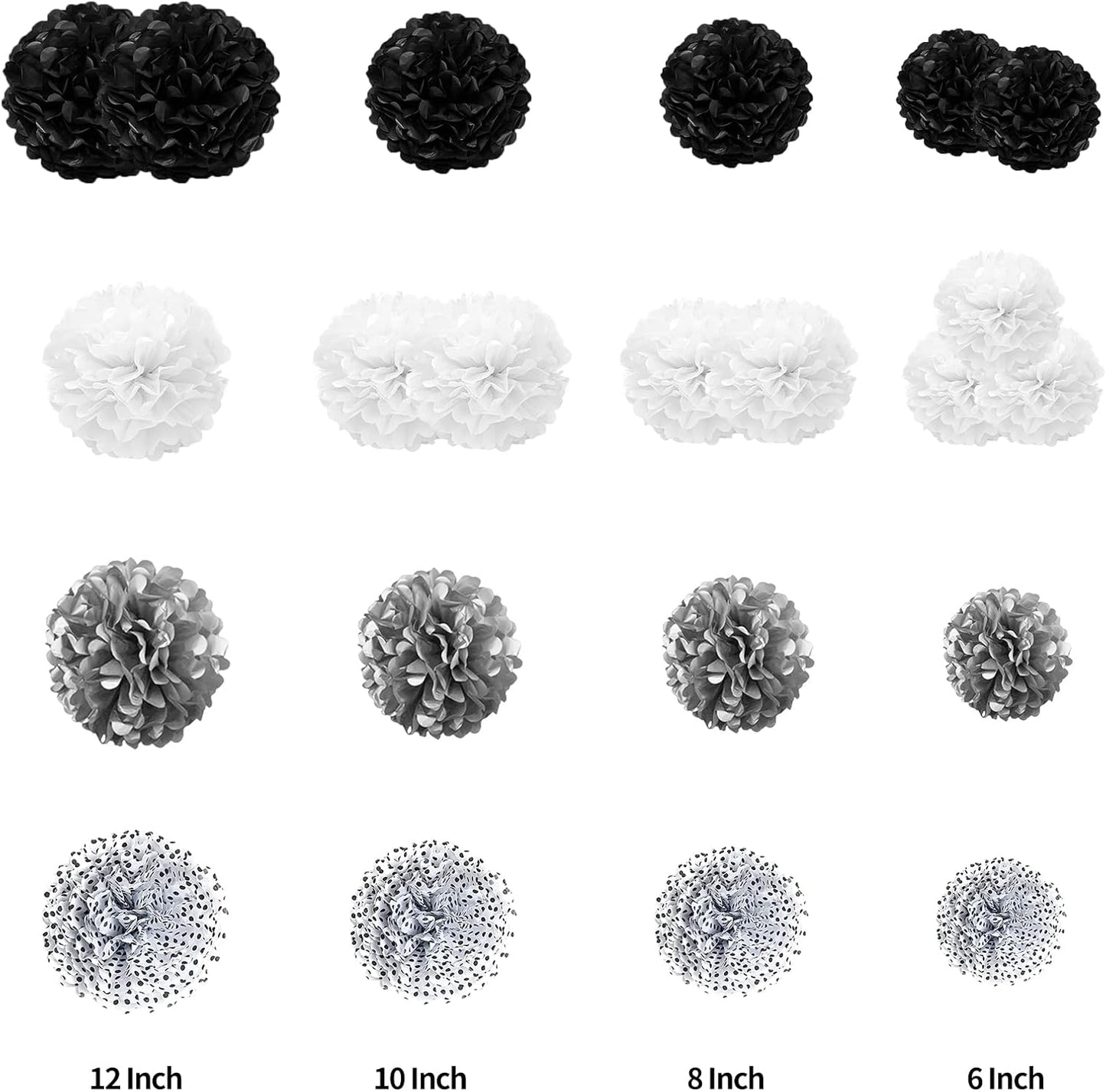 Tissue Paper Pompoms Paper Flower 22 Pcs Black,Silver, Polka Dot, White Paper Flower Ball for Birthday Bachelorette Wedding Baby Shower Bridal Shower Party Decoration