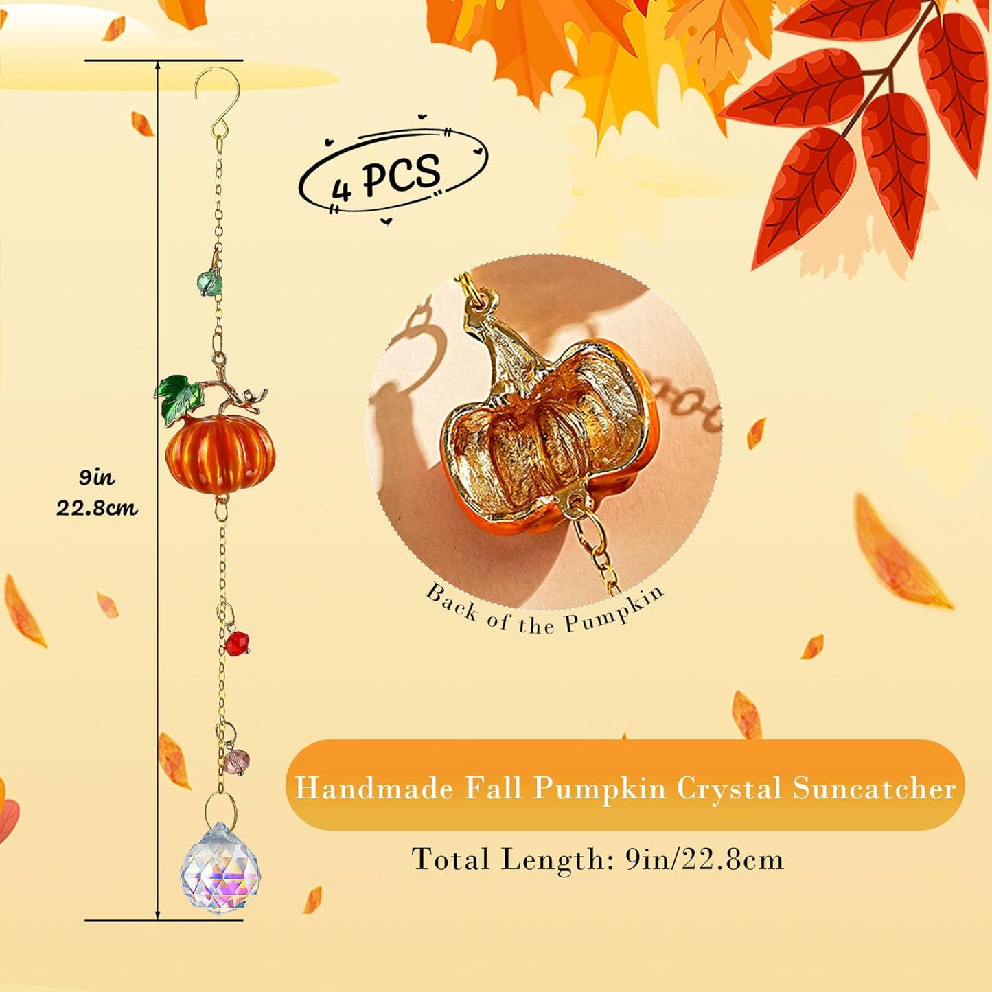 HDCRYSTALGIFTS Set 4 Fall Pumpkin Suncatchers Crystals Sun Catchers Indoor Window Hanging Thanksgiving Tree Decorations for Farmhouse Harvest Autumn Home Party Decor