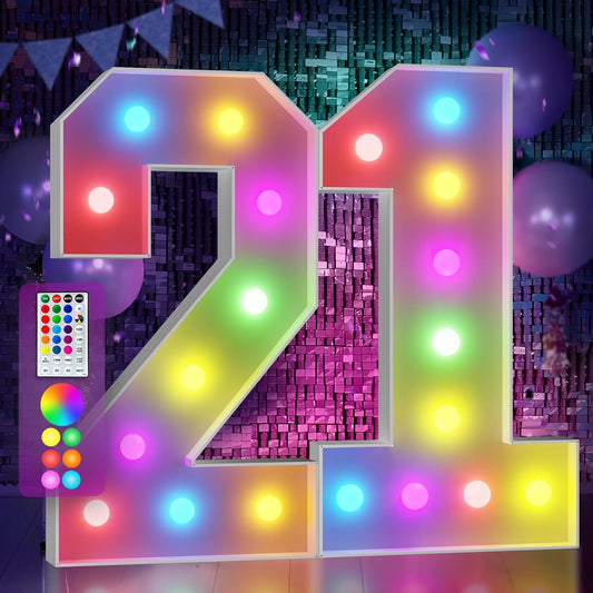 Marquee Numbers Colorful 21st-Birthday Decoration: 4FT Large Light Up 21 Year Old Birthday Decorations Anniversary Backdrop for Him Her Cardboard White Sign 18 Colors Number 21 Mosaic Balloon Frame
