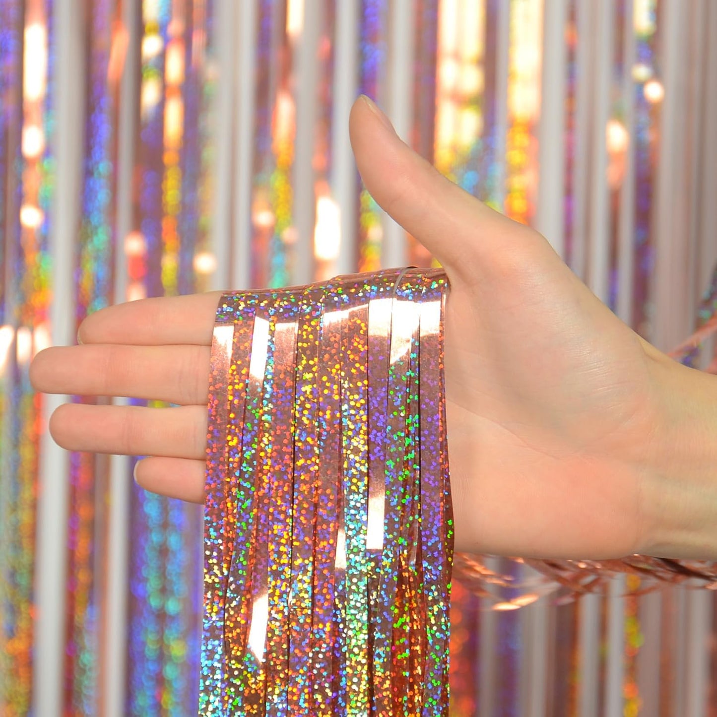 Foil Fringe Curtains Party Decorations - Melsan 3 Pack 3.2 x 8.2 ft Tinsel Curtain Party Photo Backdrop for Birthday Party Baby Shower Rose Gold