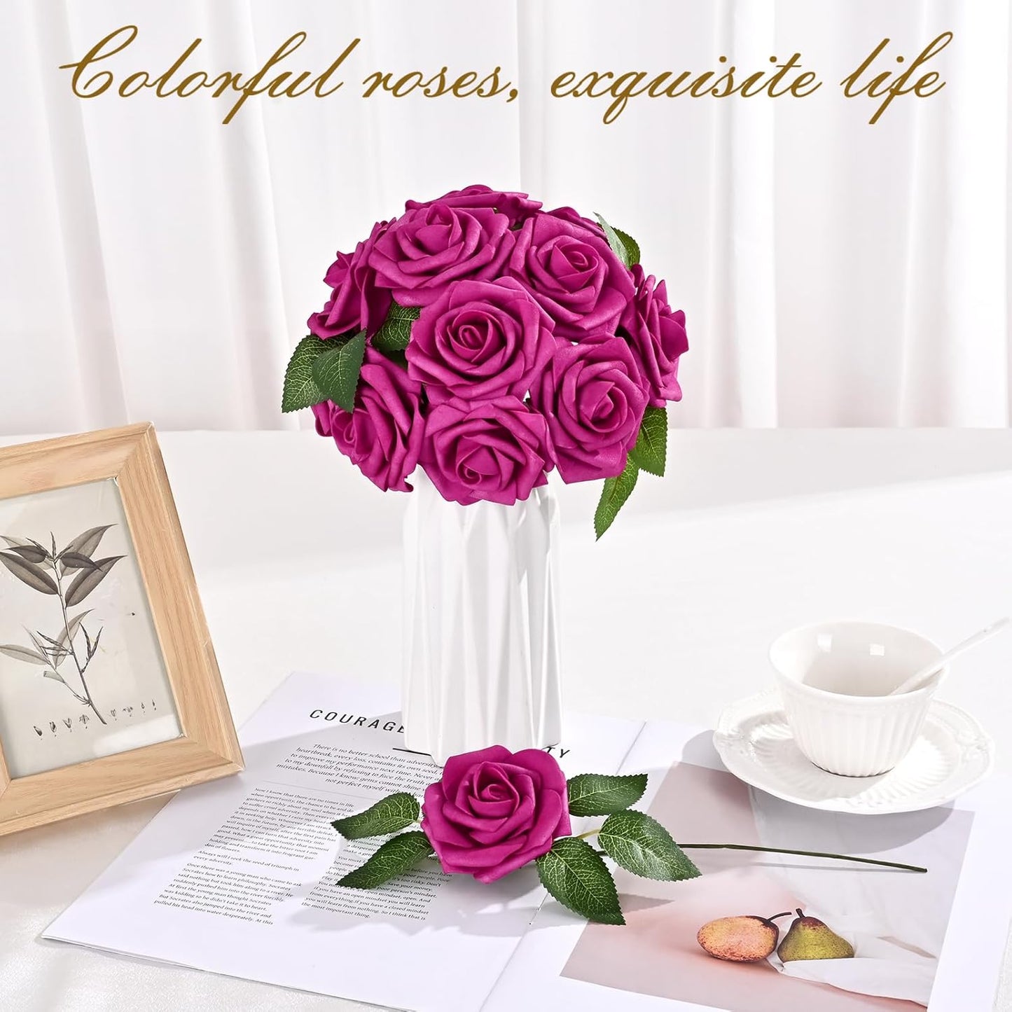 BLEUM CADE 36Pcs Artificial Flowers Fake Roses with Stems, Rose Red Boxed Foam Roses for DIY Bouquets Centerpieces Wedding Party Arrangement Bridal Shower Decor