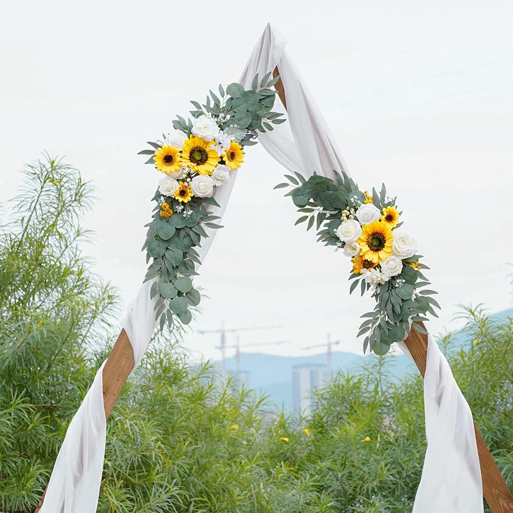 Ponatia Artificial Wedding Arch - Flowers (Pack of 2), White & Sunflowers for Wedding Welcome Signs and Ceremony Decorations
