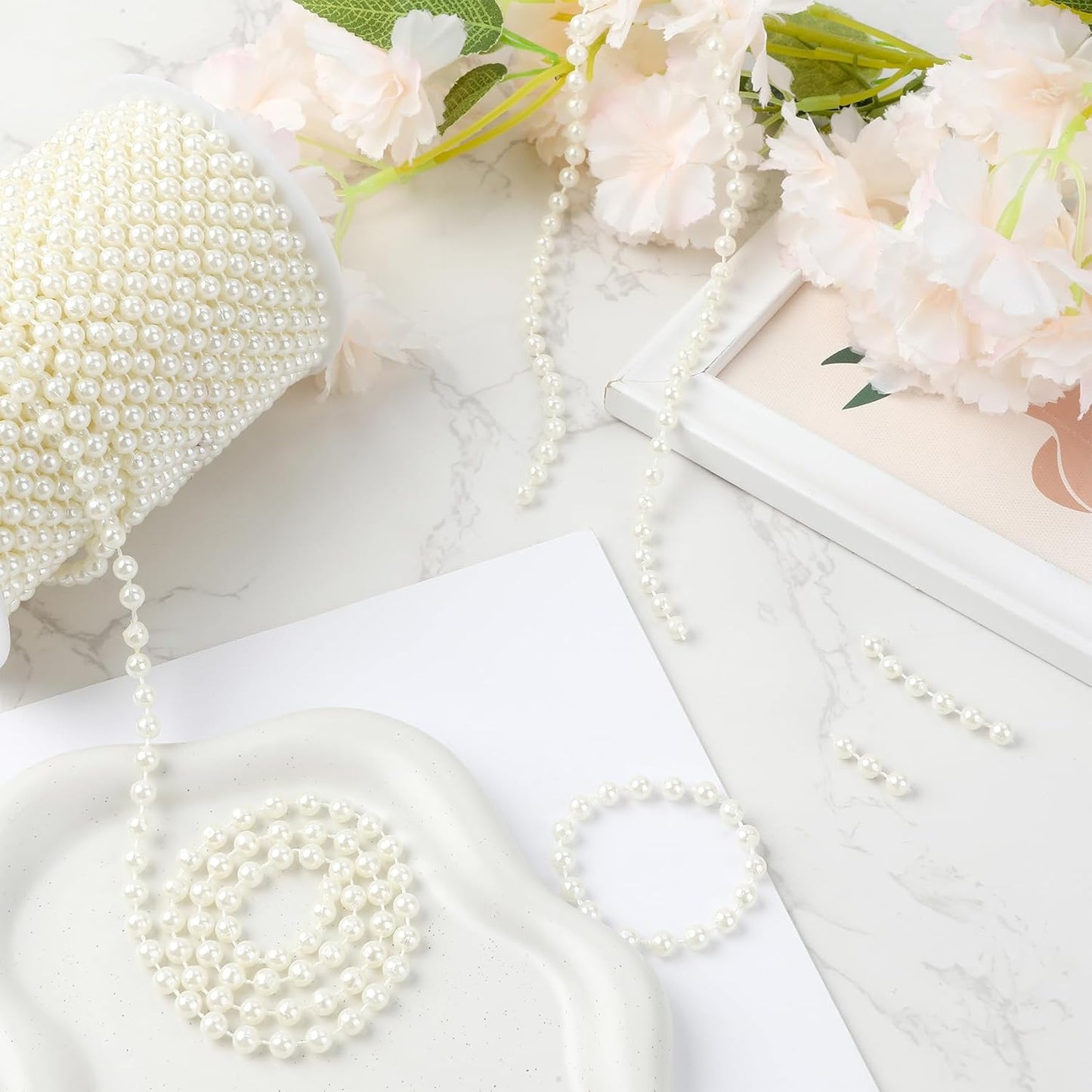 Pearl Beads Garland, 6 MM Ivory Faux String of Pearls 82FT Pearl Garland for Christmas Tree Pearls Beads Strand Spool Bead Roll for Crafts Floral Centerpieces Wedding Party Christmas Tree Decorations