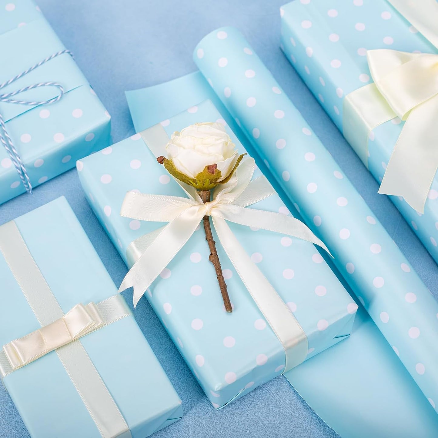 Flyhill Blue Wrapping Paper,Reversible Gift Wrap Paper with Polka Dot Design for Christmas,Birthday, Wedding,Baby Shower,All Holidays(17 Inch X 32.8 Feet)