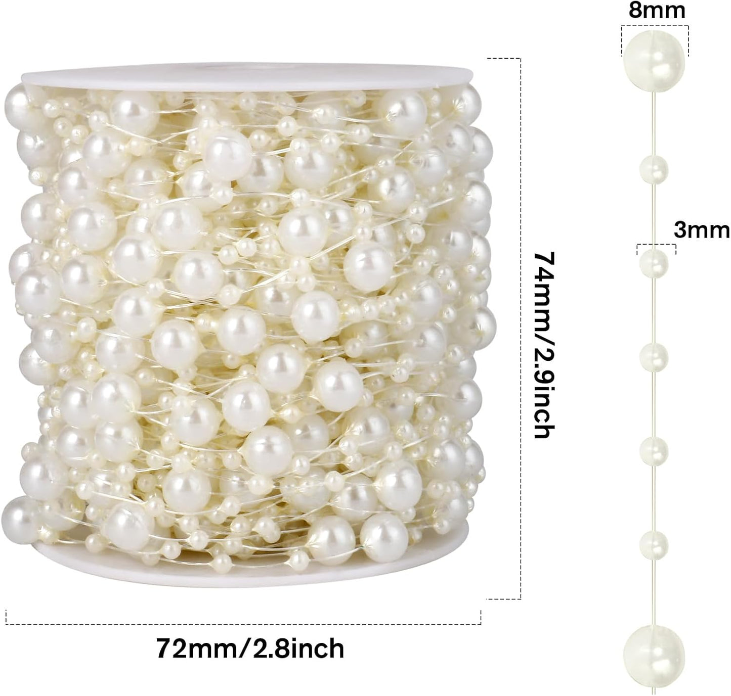 98FT Pearl Beads String Garland, 8mm 3mm Ivory Faux Pearl Beads Roll Strand Bulk for Wedding Party Flower Christmas Decoration DIY Craft