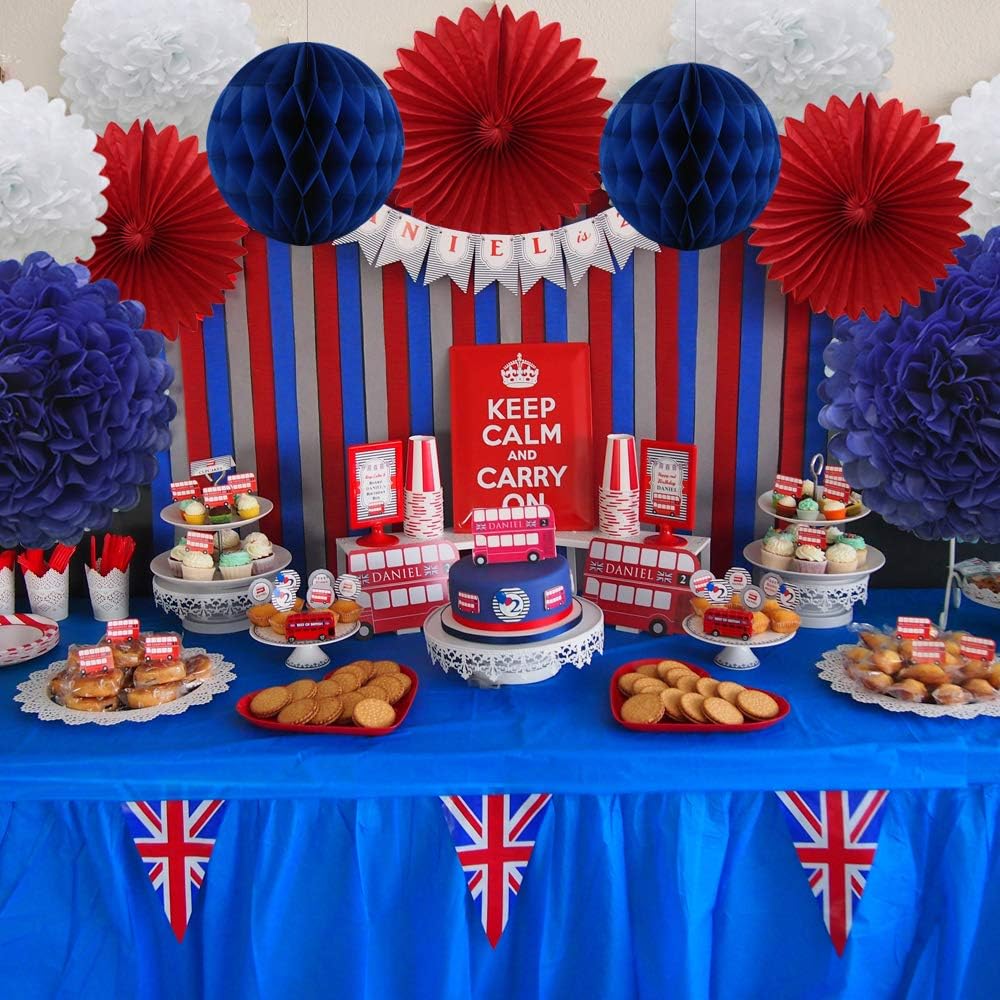 Navy Blue Red White Party Decorations 16pcs Paper Pom Poms Honeycomb Balls Lanterns Tissue Fans for 4th of July Day Patriotic Shake Theme Birthday Graduation Nurse Party