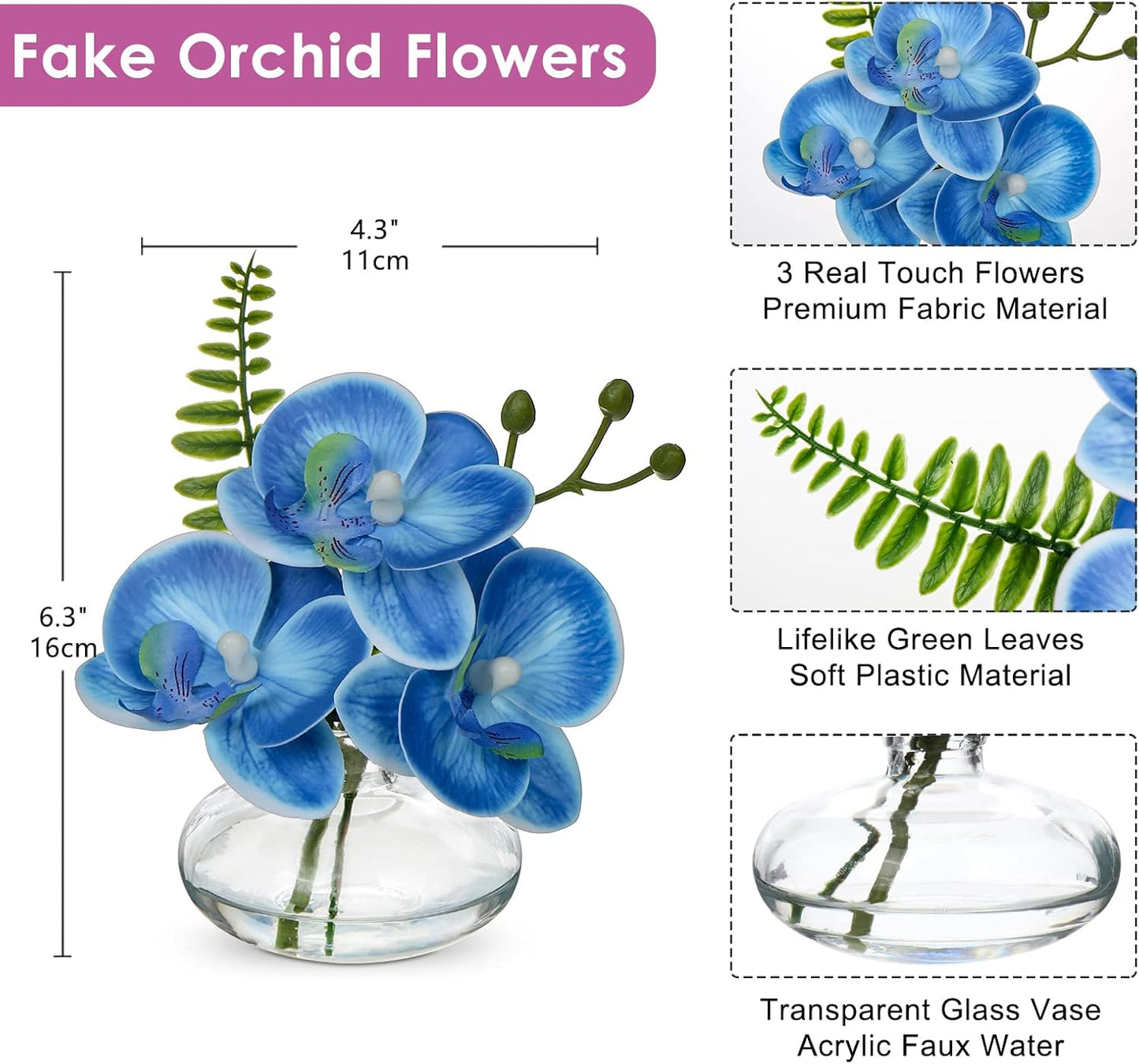 Blue Orchids Artificial Flowers Faux Orchids Arrangement in Clear Glass Vases Set of 3 Real Touch Phalaenopsis Orchid Flowers Small Fake Orchid Centerpiece for Dining Room Table