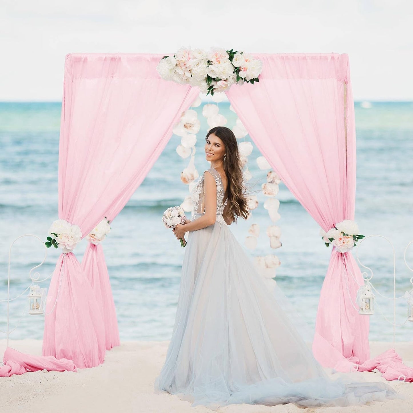 VOK Pink Wedding Arch Draping Fabric Chiffon Curtains, 29in x 18Ft Sheer Chiffon Outdoor Curtain for Wedding Ceremony Birthday Party Decoration (Light Pink,4 Panel)