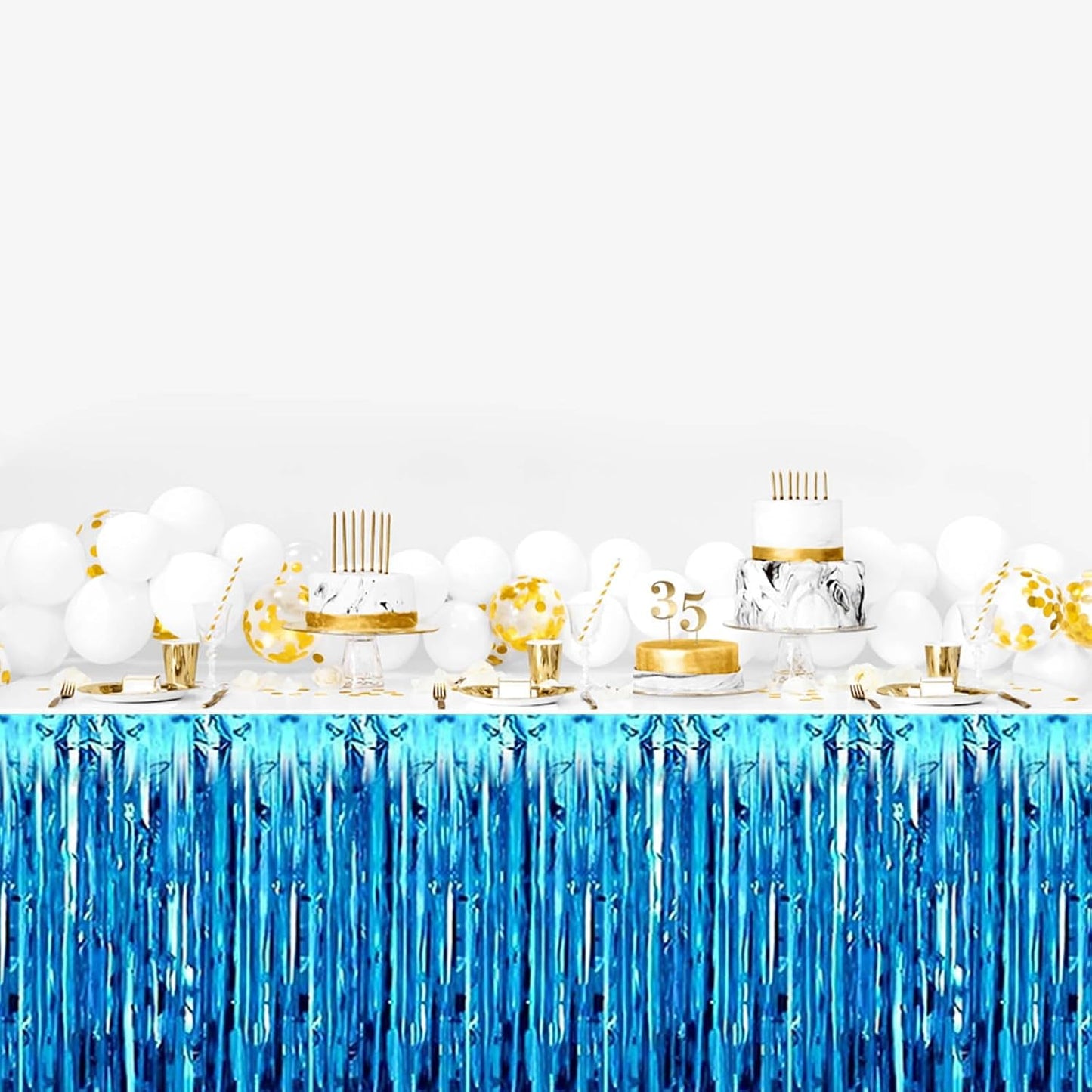 3 Pack 29 x108 Inch Lake Blue Foil Fringe Table Skirts Metallic Banner for Tinsel Streamer Garland Backdrop for Parade Floats Wedding Thanksgiving Birthday Christmas New Year Party Decoration