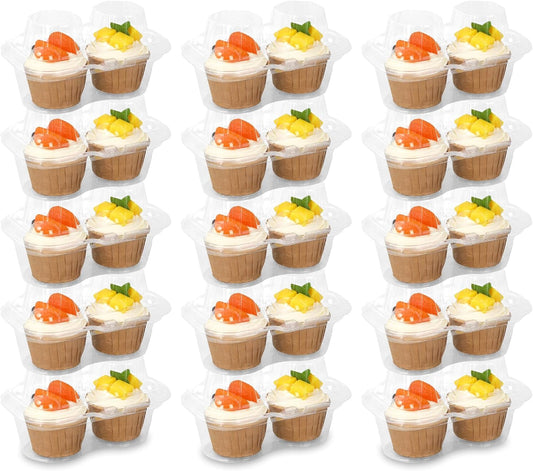 80 Pack Plastic Cupcake Containers 2-Compartment Clear Cupcake Boxes Disposable Cupcake Tray Holders 2 Cavity Cupcake Carriers with Deep Dome For Cupcake Muffin Packaging