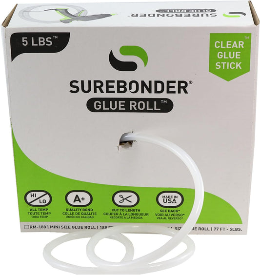 Surebonder RR-77 Full Size 77 ft. Clear All Temperature Hot Glue Stick Roll/Rope for Continuous Gluing, 7/16" x 77' - 5 lb Box