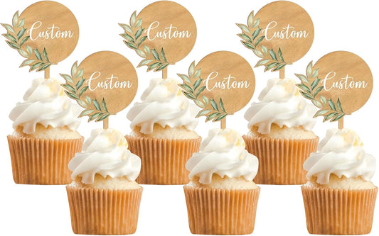 Custom Cupcake Toppers Cake Decorations in Wood for Wedding Engagement Baby Shower Birthday Party etc. (Design A / 36 PCS)