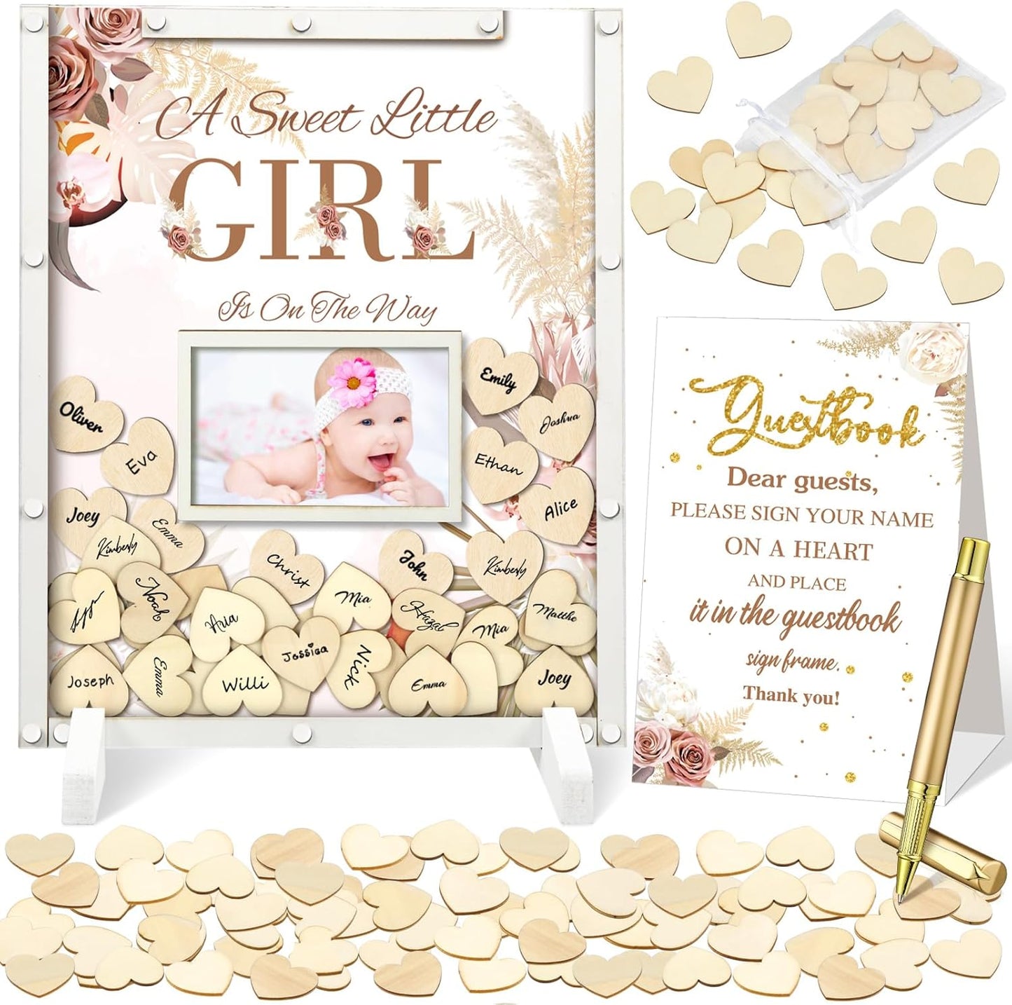 65 Pcs Baby Shower Guest Book Alternatives He or She Gender Reveal Boho Flower Baby Shower Decorations Sign in Guest Book with Picture Frame and 60 Wooden Chip