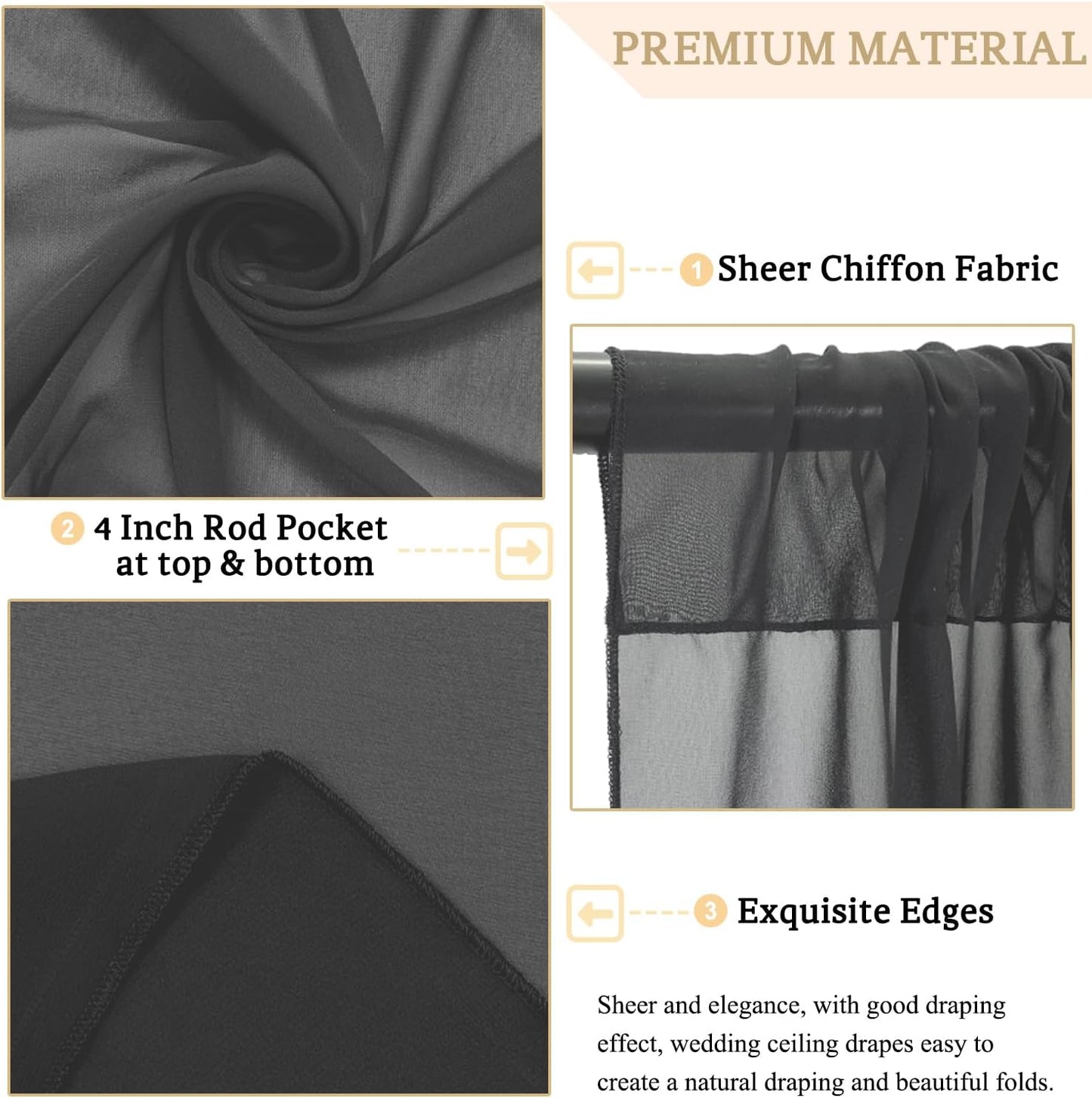 MODFUNS Black Ceiling Drapes Wedding Arch Draping Fabric 5x20ft 6 Panels Chiffon Sheer Ceiling Curtain Elegant Ceiling Draping Fabric for Wedding Ceremony Party Ceiling Decoration