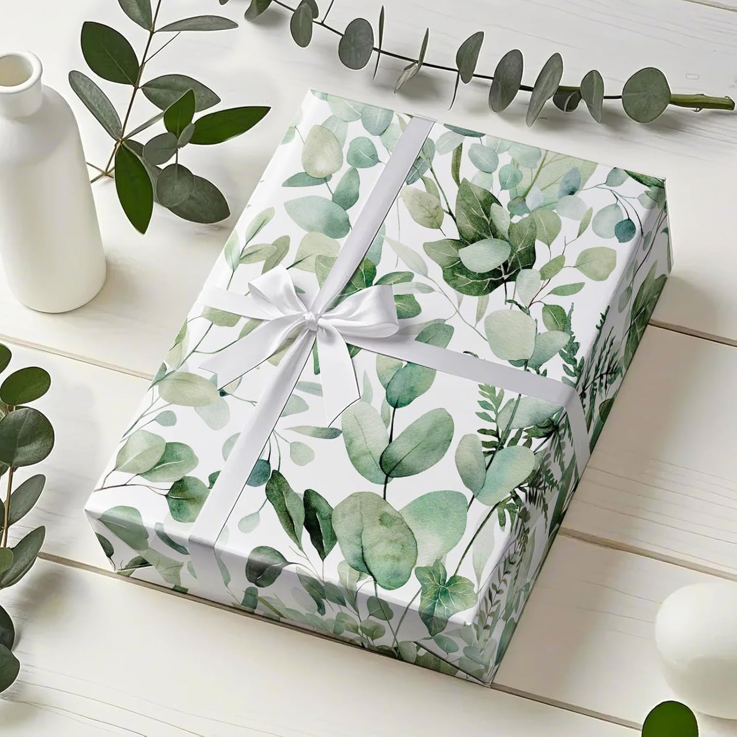 WRAPAHOLIC Eucalyptus Leaves Wrapping Paper Roll - Mini Roll - 17 Inch x 33 Feet - Greenery Wrapping Paper Perfect for Birthday, Wedding, Bridal Shower
