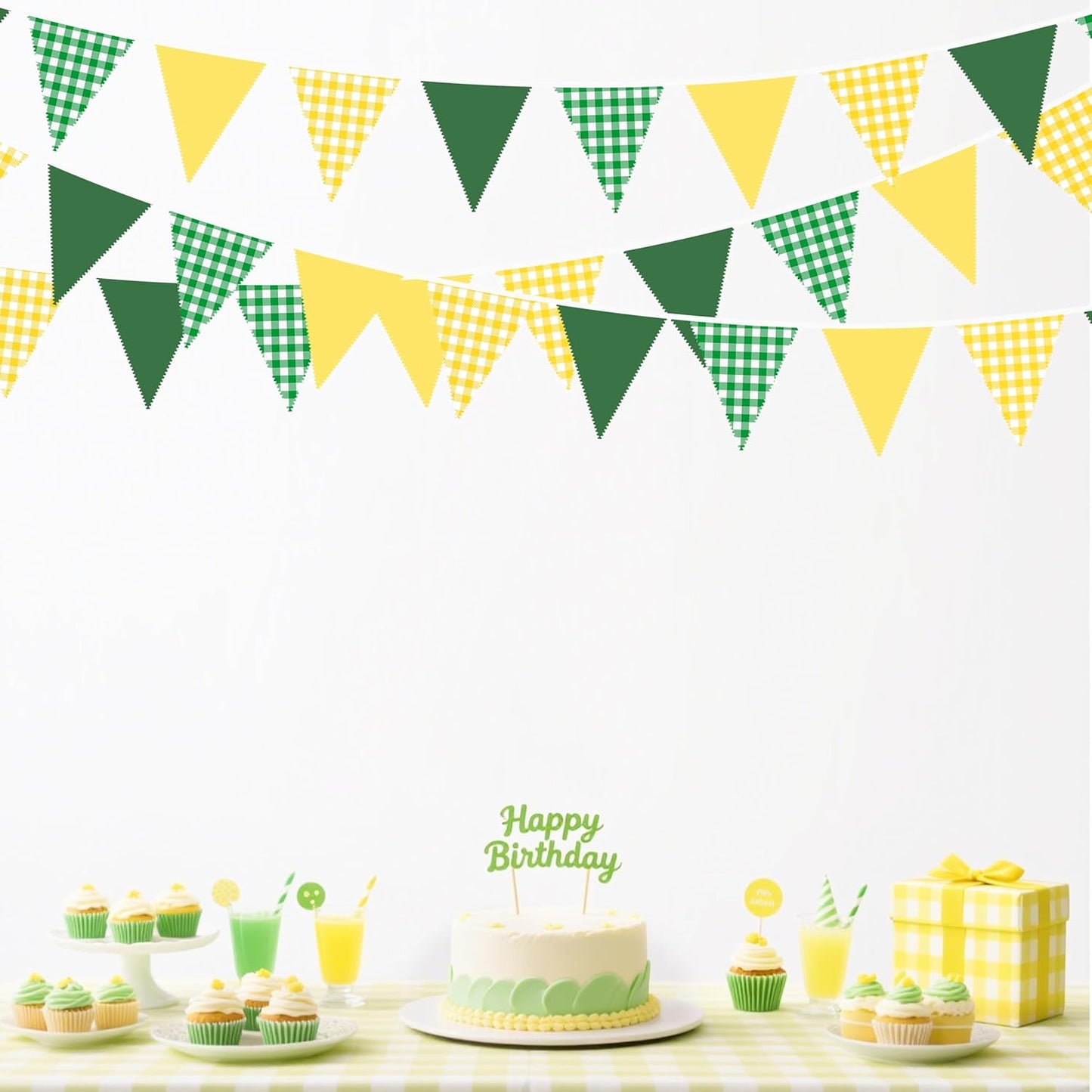 32Ft Yellow Green Party Decorations Green Yellow Gingham Banner Buffalo Plaid Checkered Triangle Flag Pennant Fabric Garland Streamers for Master Golf Birthday Baby Shower Picnic Golf Decor Supplies