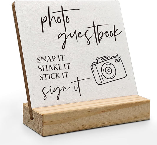 Wedding Guest Book Desk Decor 4x4 Inch, Photo Guest Book Sign Wood Plaque, WeddingGuestBook Sign, Wedding GuestBook Sign Wooden Plaque with Wood Stand for WeddingReception Table Decor