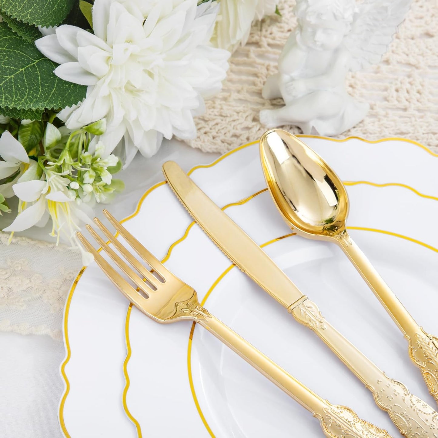 Liacere 350PCS Gold Plastic Plates-Disposable White and Gold Plates 50guest Baroque Plastic Dinnerware include 100Plates, 50Pack Pre Rolled Napkins with Silverware 50Cups for Wedding&Thanksgiving