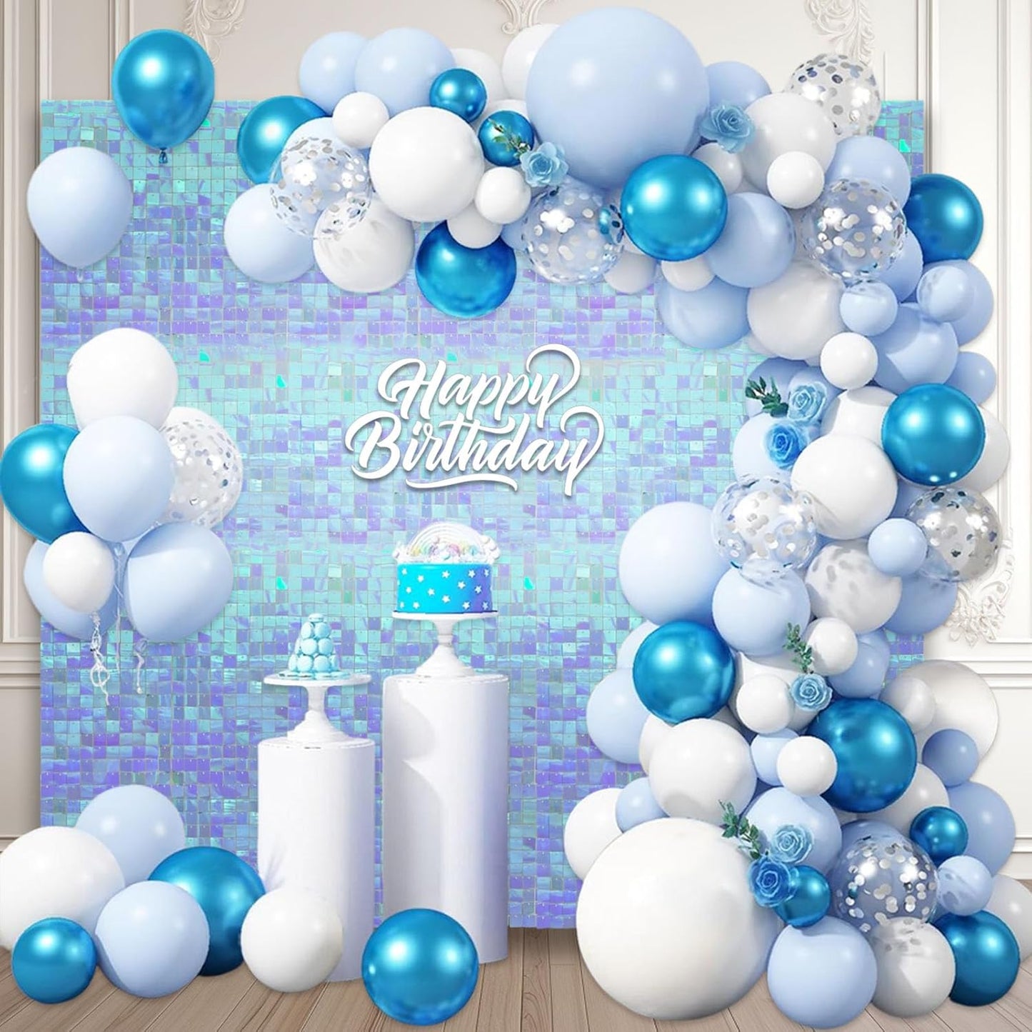 24PCS Colorful Ice Blue Shimmer Wall Backdrop, Square Sequin Photo Backdrops Panel, Glitter Wall Background for Birthdays, Weddings, Christmas, Engagements, Disco Bachelorette Party Decor (3FTx4FT)