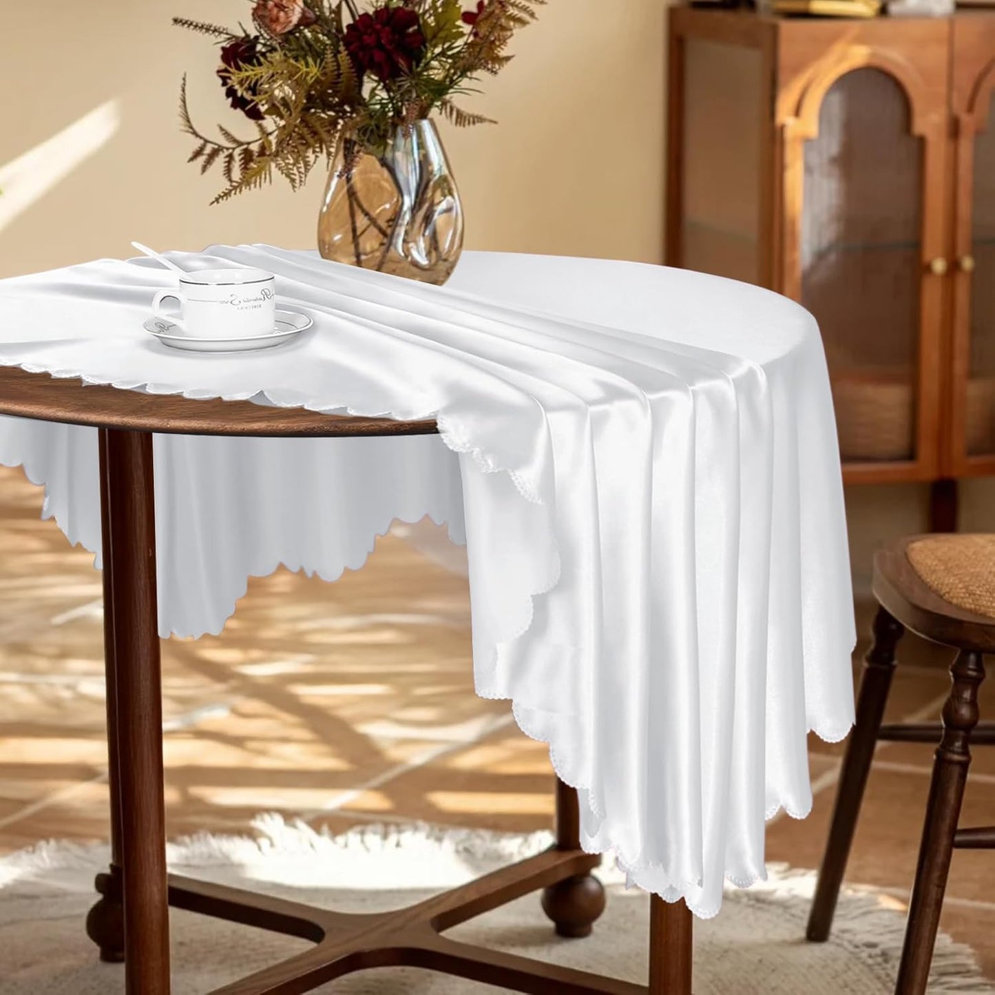 KKJIAF 1 Pack Round Table Cloths 90 Inch, White Overlay Round Satin Table Cover, Silky Satin Dining Tablecloths for Wedding Buffet Parties Banquet Decoration