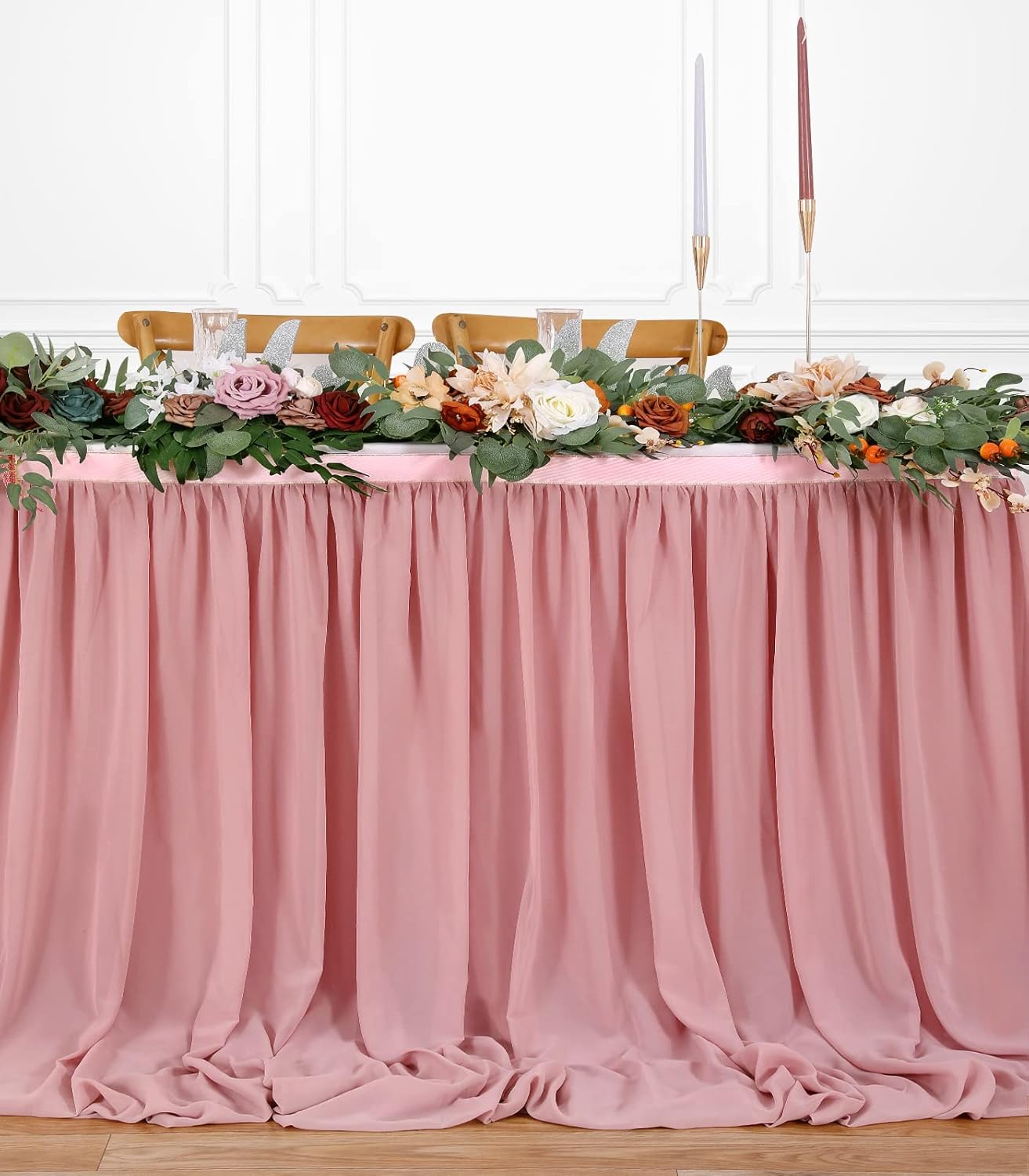 14FT Dusty Rose Chiffon Table Skirt Sheer Rectangle Tablecloth for Wedding 1st Baby Girl Birthday Party Bridal Shower Decoration