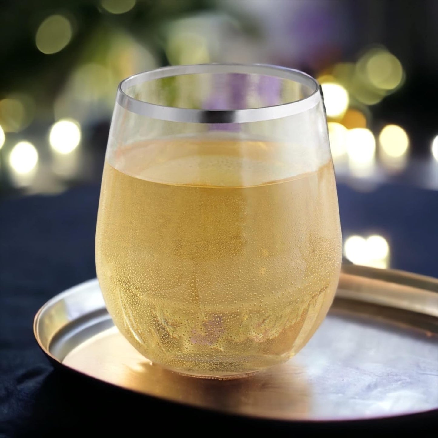 48 piece Stemless Unbreakable Crystal Clear Small Plastic Wine Glasses Set of 48 Small Size (10 Ounce - Silver Rim)