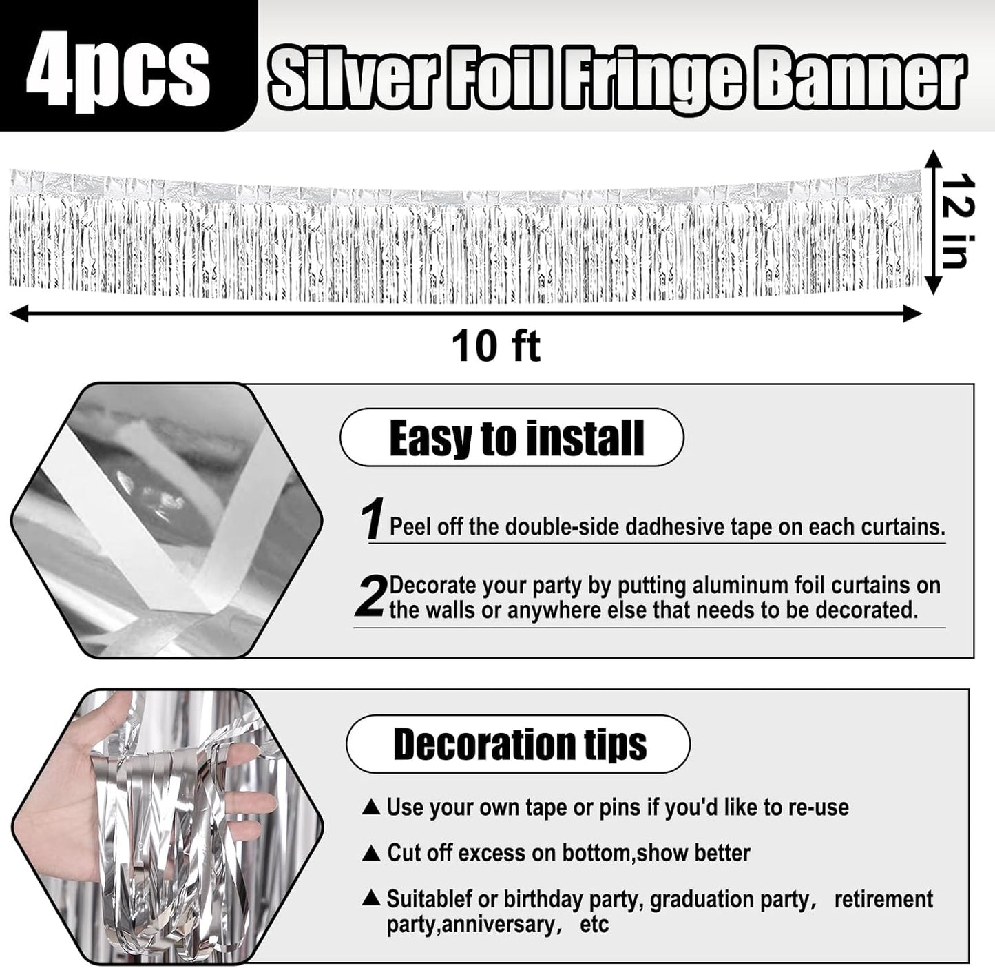 4 Pack 10 Feet Silver Foil Fringe Garland Metallic Tinsel Streamers Banner Wall Hanging Curtain Backdrop for Parade Floats, Wedding, Graduate, Mother's Day, Birthday Party Decoration