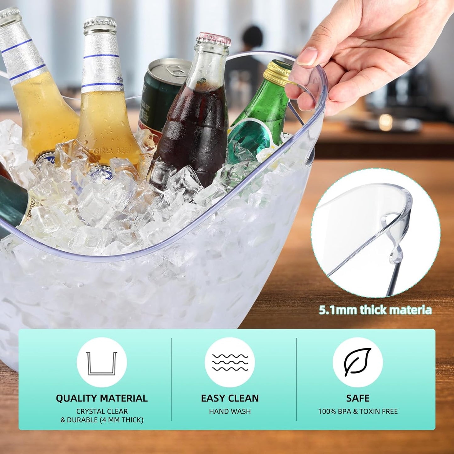 Large 8L Party Beverage Bucket, Acrylic Ice Bucket for Cocktail Bar, Cooler for Champagne, Red Wine or Beer, Food Grade, Suitable for Home Parties, Bars and Outdoor