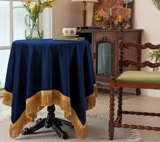 F-CHU Small Square Velvet Tablecloth with Beautiful Gold Tassels Vintage Table Cloth for Home Decor Wedding, Party, Banquet and Events 36x36-Inch，Blue