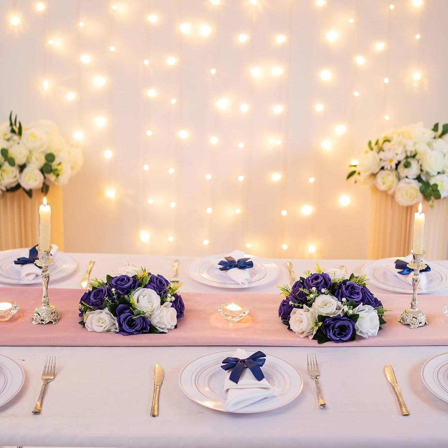 BLOSMON Navy Blue Rose Flowers: 2 Pcs Fake Floral Balls Centerpiece for Wedding Table Centerpieces - Artificial Silk Kissing Bouquet Flower Arrangement for Home Party Event Decor