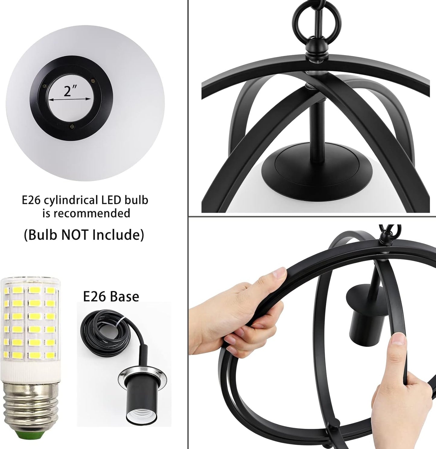 Black Orb Chandelier 1 Light Globe Pendant Light Fixtures White Globe Glass Shade Hanging Ceiling Light for Dining & Living Room, Bedroom, Foyer and Kitchen Island