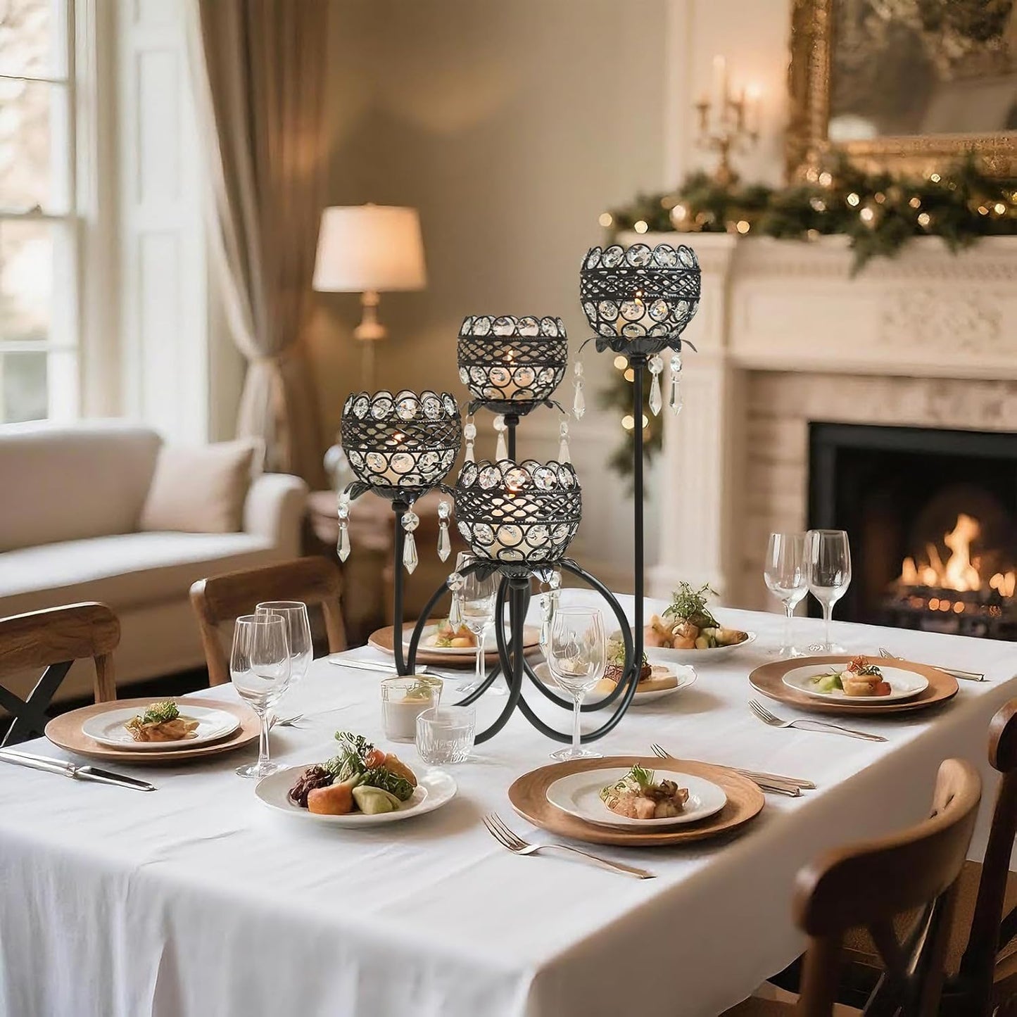 4 Arms Crystal Candelabra Tealight Holder - Tall 15.7 Inch Elegant Centerpiece with Crystal Pendant Bowls & Artistic Metal Stand for Wedding, Dining Table, Home Decor (2, Black)